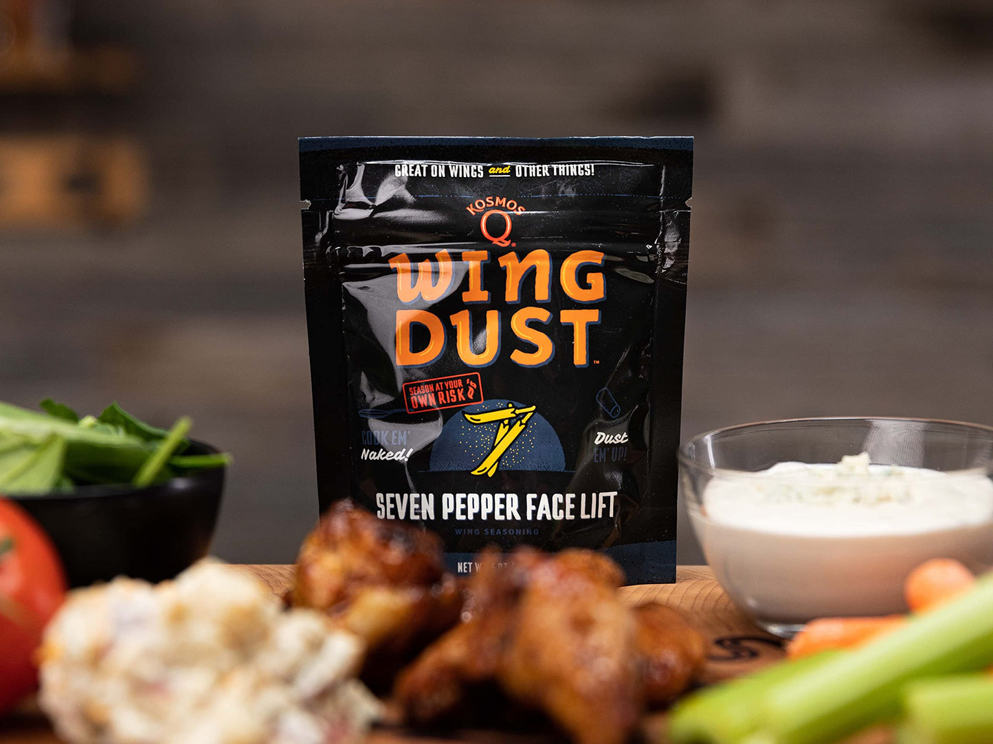 Kosmos Q Seven Pepper Face Lift Wing Dust - 5 Oz Bag For Wings, Popcorn & More - Dry Bbq Hot Wings Rub With 7-Pepper Blend, Garl