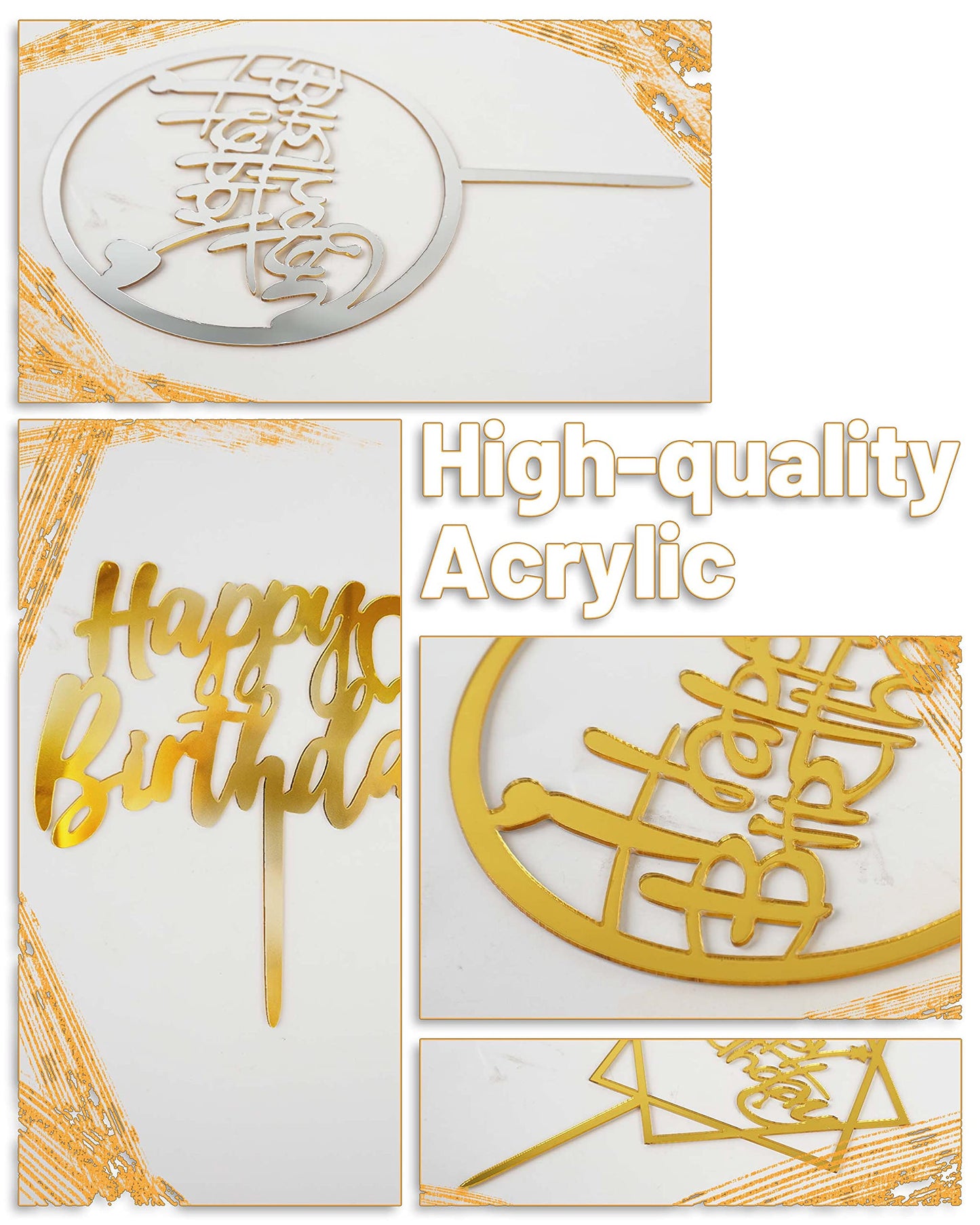 Happy Birthday Cake Toppers Gold, 18 Pcs Gold Happy Birthday Cake Topper, Acrylic Cake Decoration, Double-Sided Glitter Of Birth