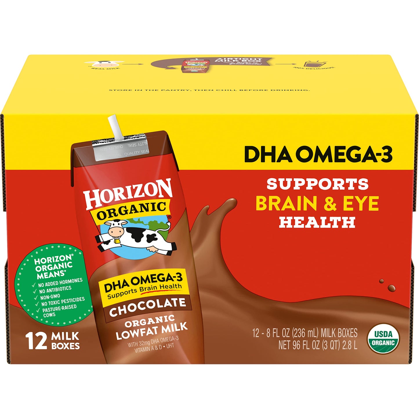 Horizon Organic Shelf-Stable 1% Lowfat Milk Boxes with DHA Omega-3, Chocolate, 8 Fl Oz, Pack of 12