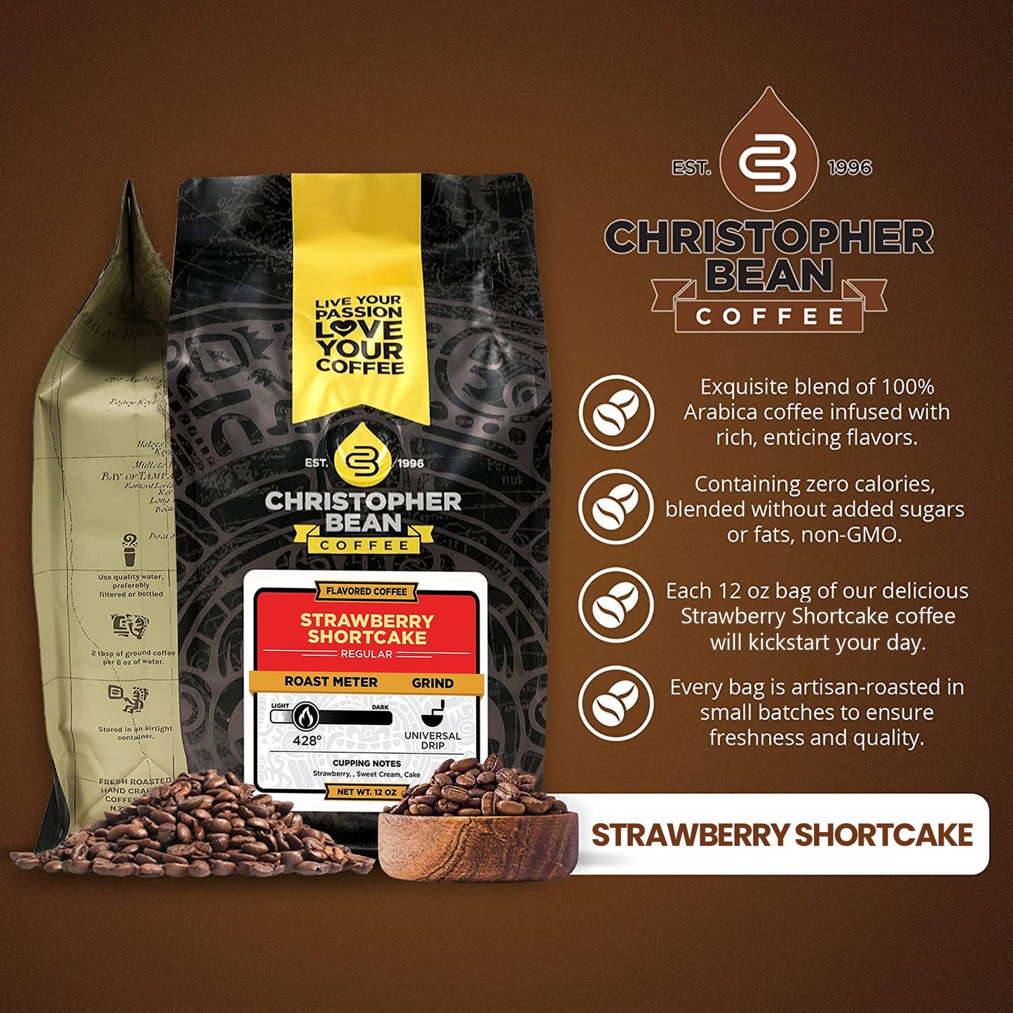 Christopher Bean Coffee - Strawberry Shortcake Flavored Coffee, (Regular Ground) 100% Arabica, No Sugar, No Fats, Made With Non-