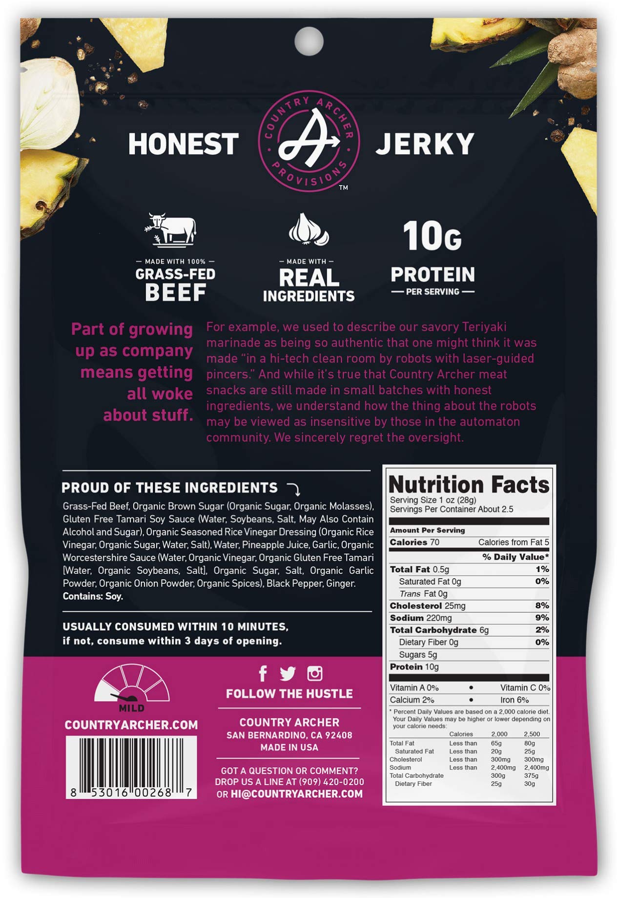 Country Archer Grass Fed Beef Jerky - Beef Jerky Snack Pack, Teriyaki Beef Jerky Bulk, Individual Beef Jerky Pack, Gluten Free P