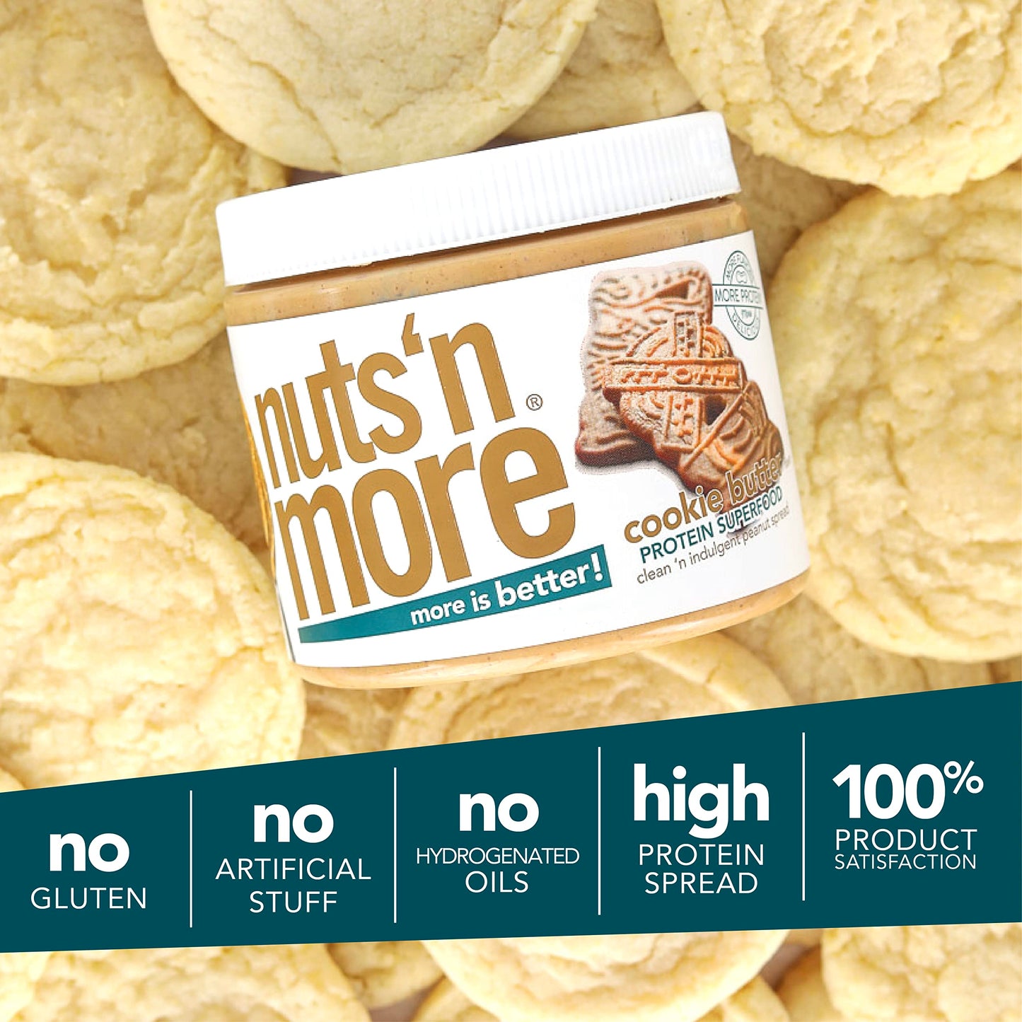 Nuts N More Cookie Butter Peanut Butter Spread, Added Protein All Natural Snack, Low Carb, Low Sugar, Gluten Free, Non-Gmo, High