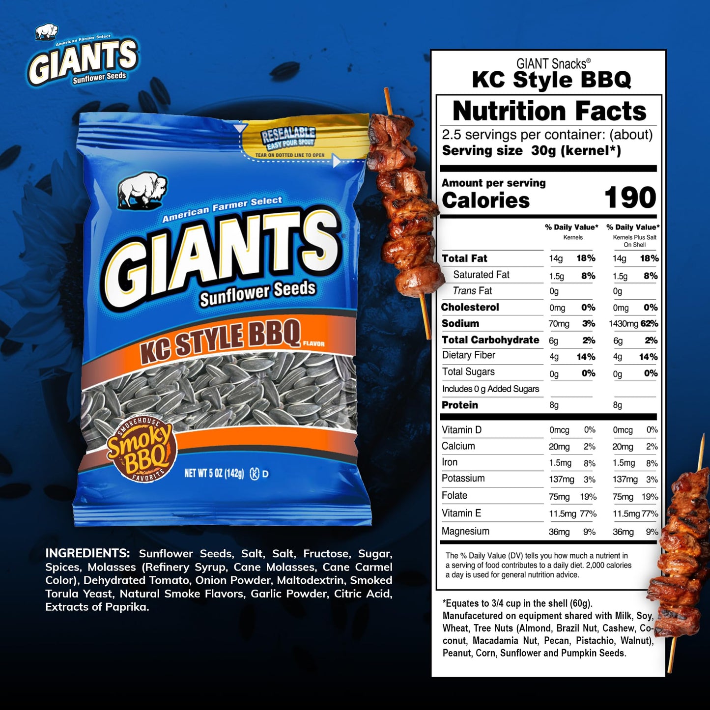 Giants Kc Style Bbq Sunflower Seeds - Sunflower Seeds Bulk, Roasted Sunflower Seeds To Eat, Bbq Flavor, Healthy Snack With 8G Pr