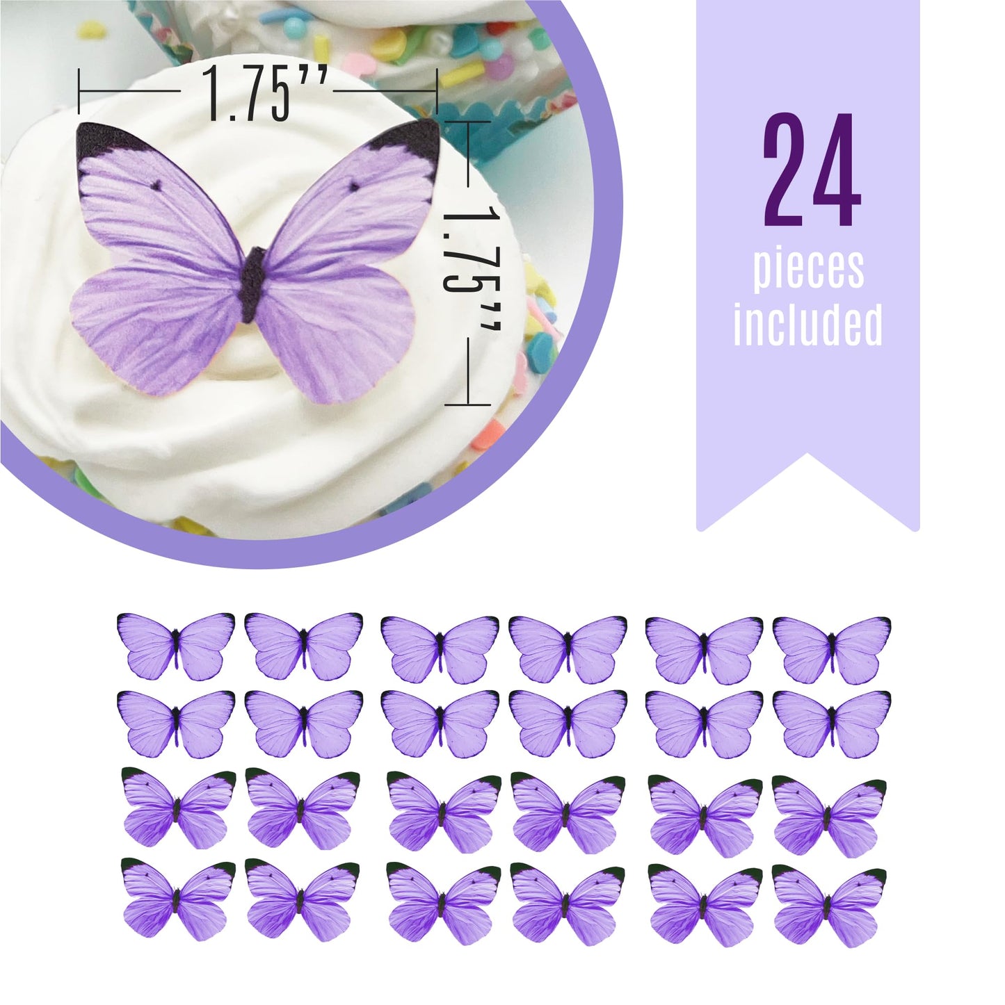 Sugar Robot Edible Butterflies - Purple Pastel Cake Toppers, 1.75 Rice Paper, Made in USA