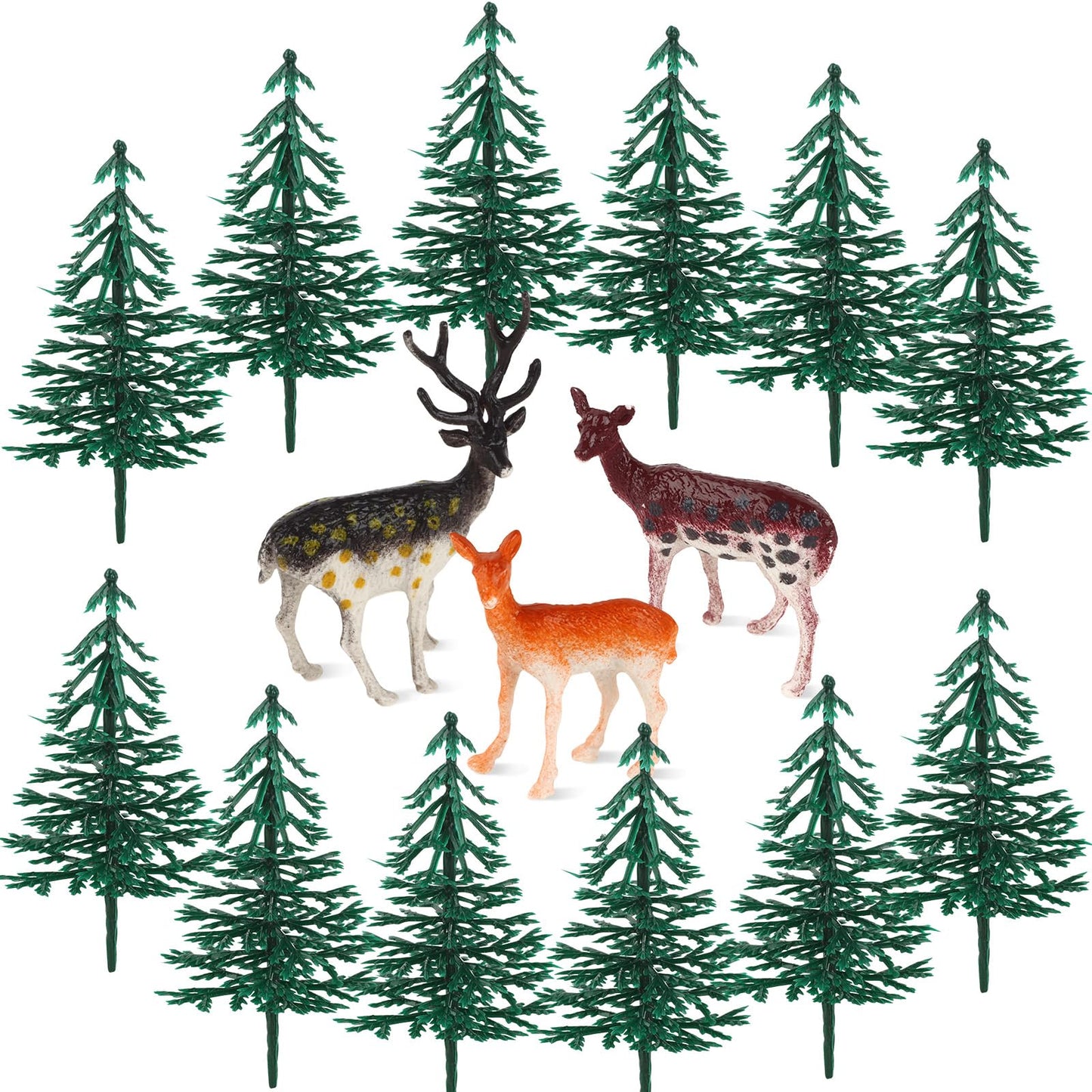 Hooqict 15Pcs Deer Christmas Tree Cake Topper With Tree Deer Figurines Hunting Cake Decorations For Winter Forest Woodland Birthday Party Supplies Animals Christmas Decorations