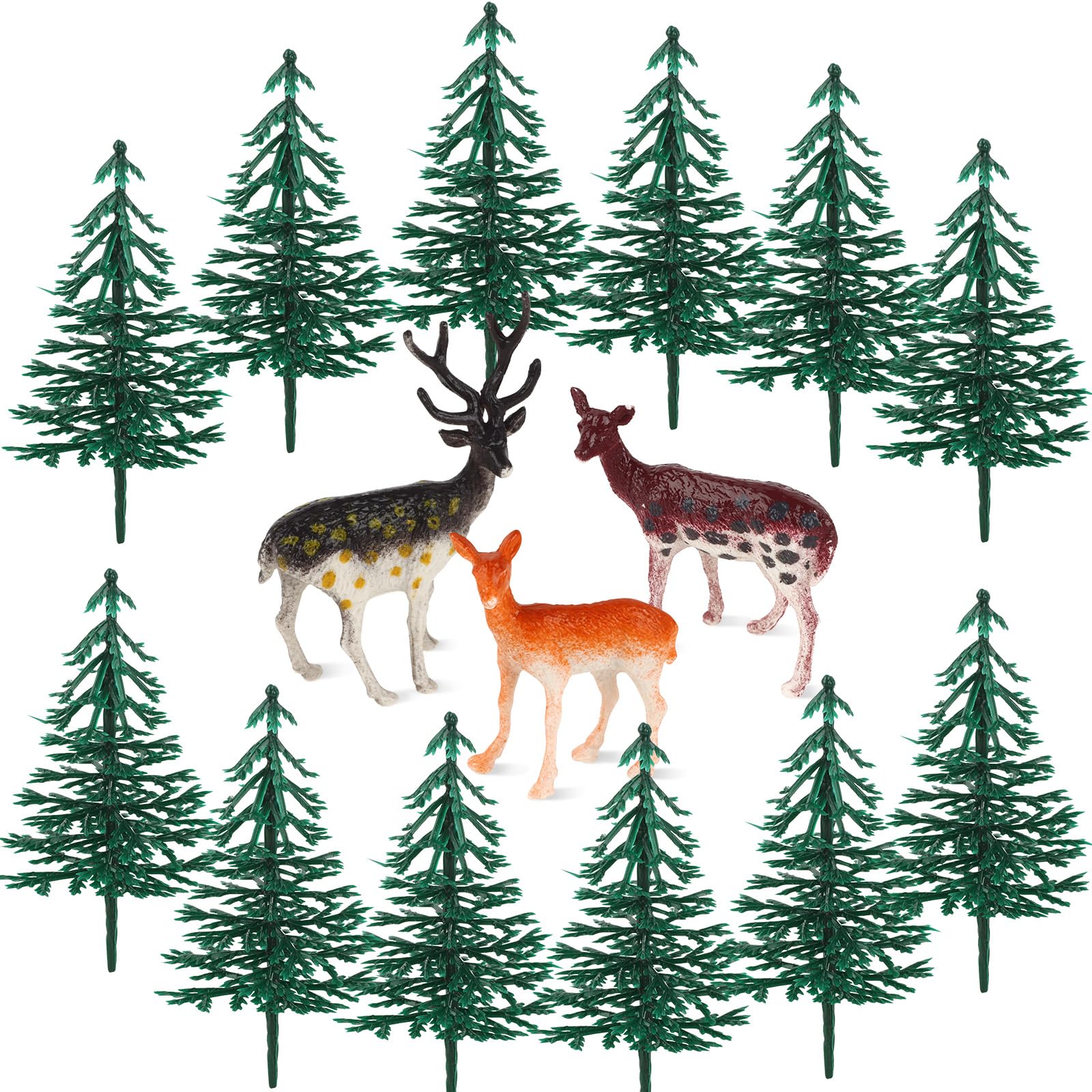 Hooqict 15Pcs Deer Christmas Tree Cake Topper With Tree Deer Figurines Hunting Cake Decorations For Winter Forest Woodland Birthday Party Supplies Animals Christmas Decorations