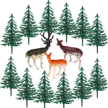 Hooqict 15Pcs Deer Christmas Tree Cake Topper With Tree Deer Figurines Hunting Cake Decorations For Winter Forest Woodland Birthday Party Supplies Animals Christmas Decorations