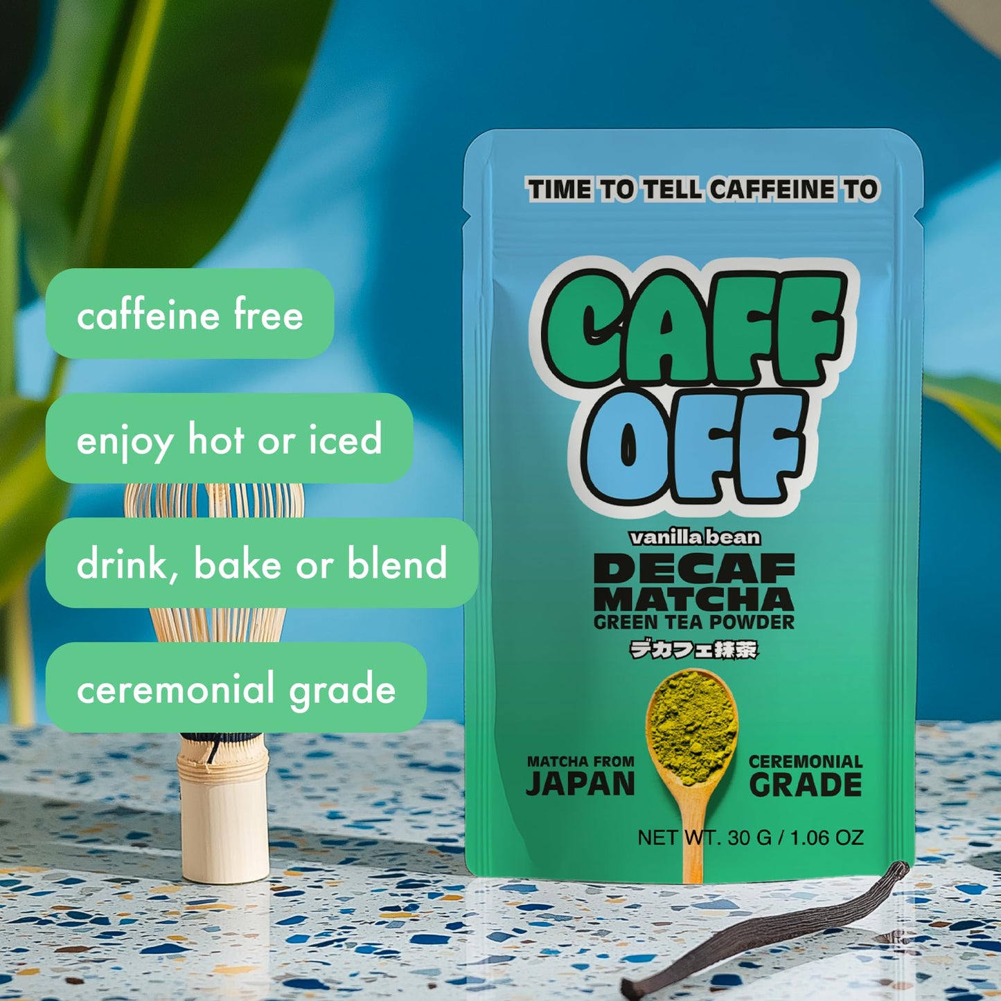 Caff Off Decaf Vanilla Matcha Green Tea Powder – Ceremonial Grade, Sugar-Free, 30 g, Naturally Decaffeinated, No Fillers