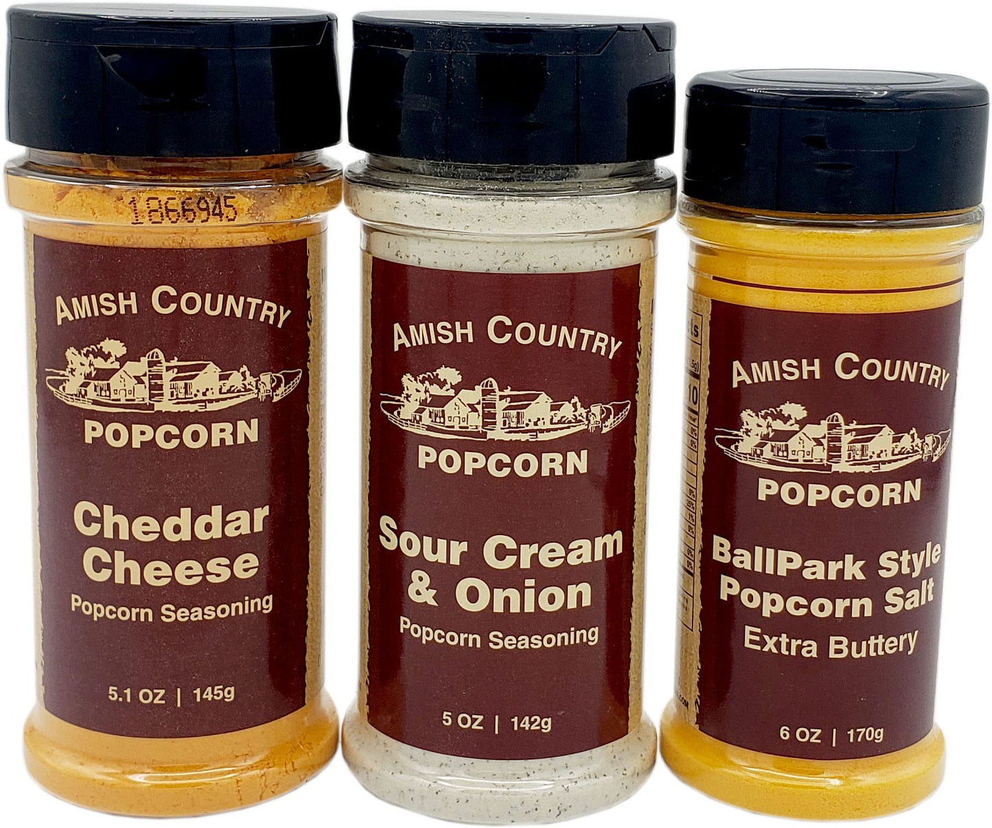 Amish Country Popcorn | Seasoning Variety Pack | 6 oz BallPark Style ButterSalt - 5.1 oz Cheddar Cheese & 5 oz Sour Cream and On