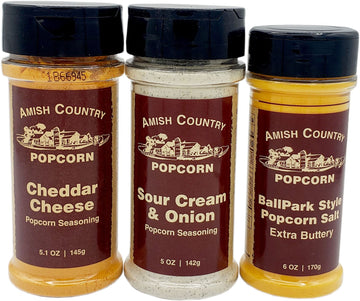 Amish Country Popcorn | Seasoning Variety Pack | 6 oz BallPark Style ButterSalt - 5.1 oz Cheddar Cheese & 5 oz Sour Cream and On