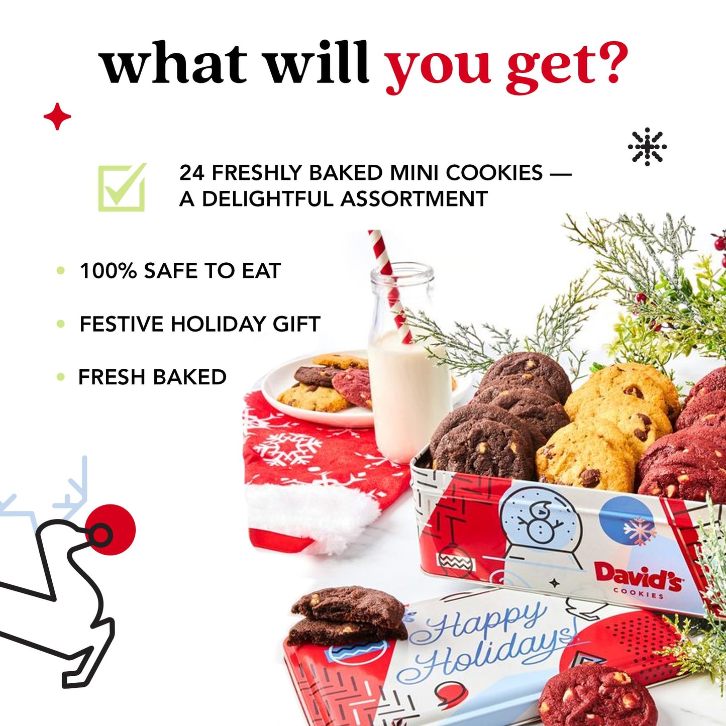 Davids Cookies Christmas Cookies Gift Box - Fresh Baked Assorted Mini Cookies in Winterwonderland Tin with Chocolate Chip, Whit