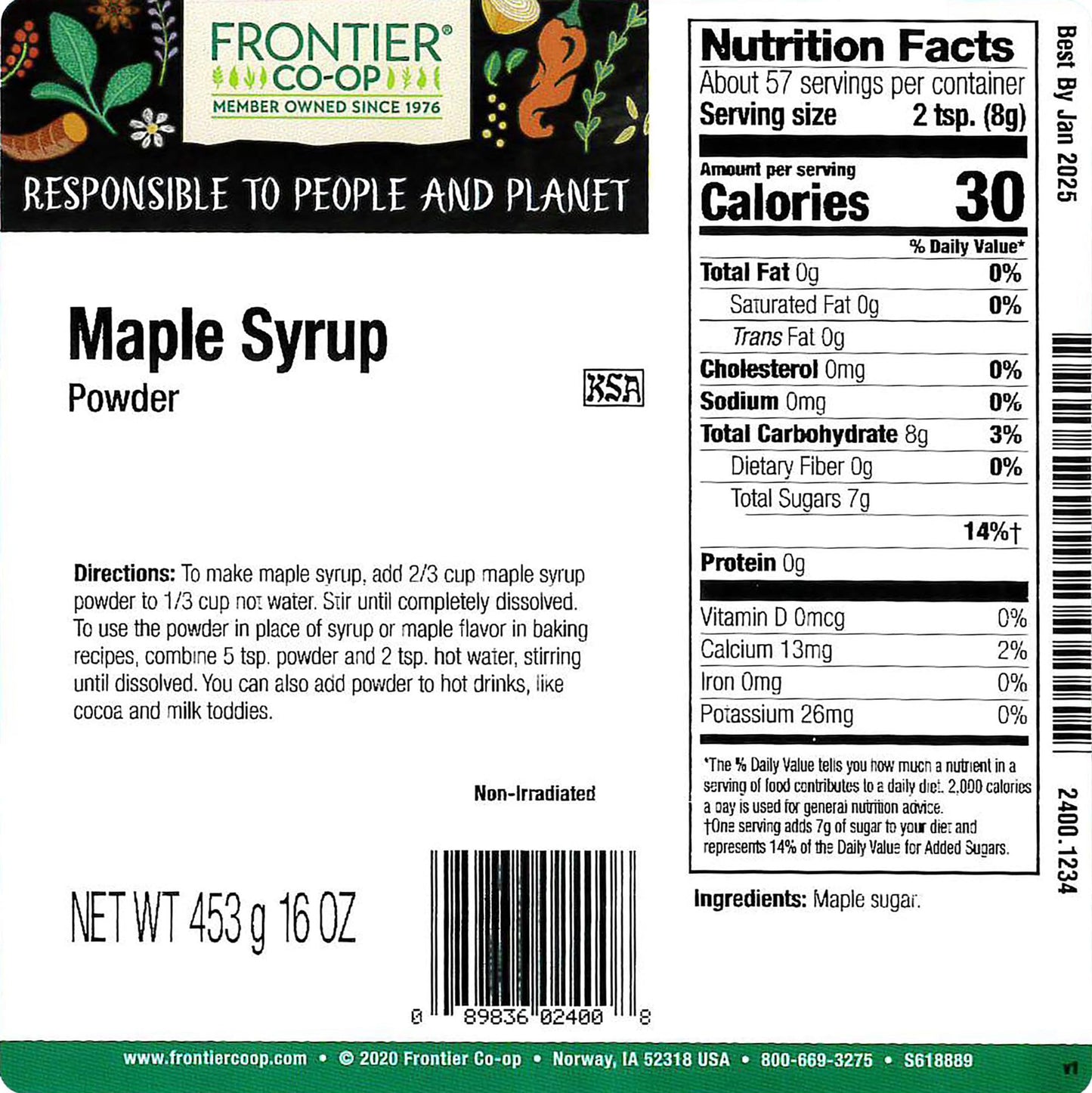 Frontier Co-Op Maple Syrup Powder, 1Lb Bulk Bag, Pure Maple Sugar, Natural Sweetener, Maple Powder - Perfect Sugar Alternative F