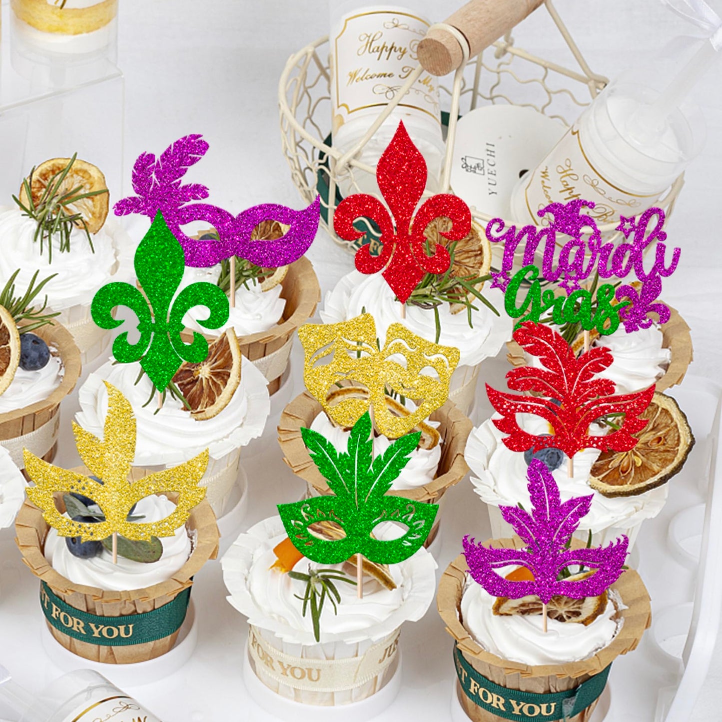 Rsstarxi 30 Pack Mardi Gras Cupcake Toppers Glitter Masquerade Masks Cupcake Picks Masquerade Mardi Gras Party Baby Shower Birthday Bachelorette Party Cake Decorations Supplies