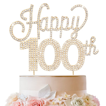 Lingteer Happy 100Th Birthday Gold Rhinestone Cake Topper - Cheers To 100Th Birthday 100 Years Old Anniversary Party Cake Center