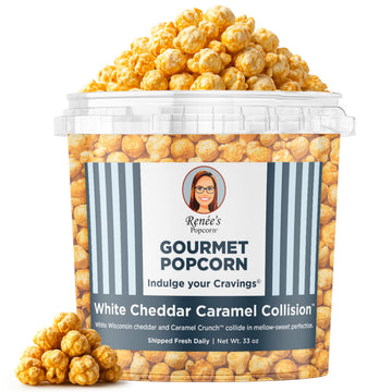 Renée’S White Cheddar Caramel Collision™ Gourmet Popcorn – Buttery Caramel Corn Drenched In Mellow Wisconsin White Cheddar – Satisfies Sweet And Cheesy Cravings – 1.1 Gallon Bucket For Snack Or Gift
