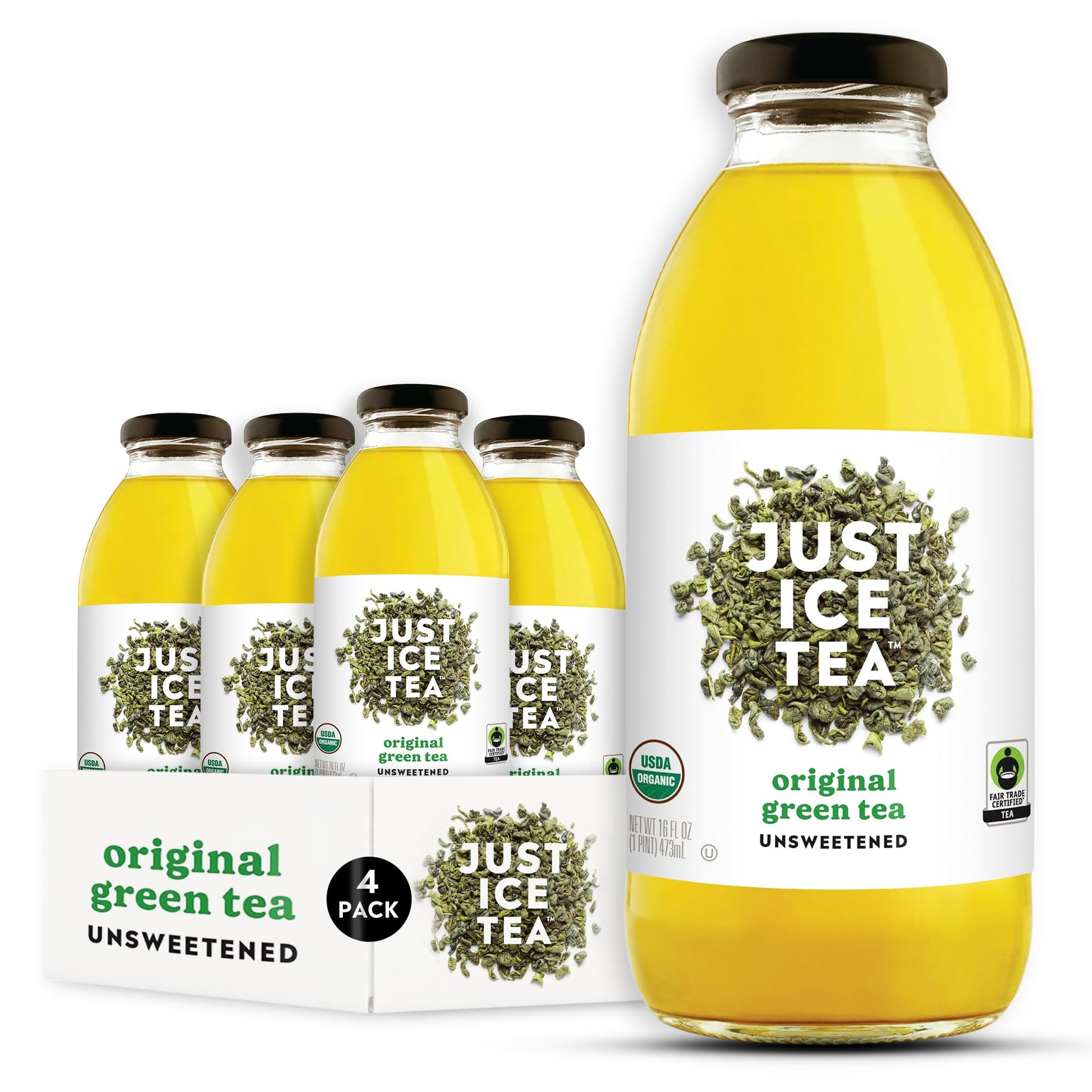 Just Ice Tea Organic Iced Tea, Original Green Tea, Pack of 12, 16 Fl Oz Glass Bottles