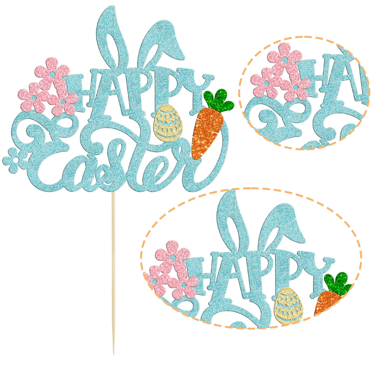 Gyufise 1 Pack Happy Easter Cake Topper Glitter Bunny Ear Cake Pick Decorations For Happy Easter Spring Themed Baby Shower Kids