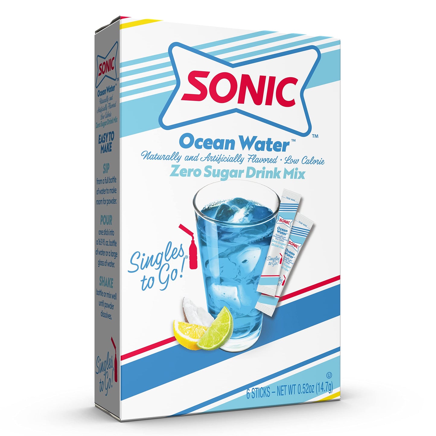 SINGLES TO GO! Sonic Singles Powdered Drink Mix, Ocean Water, 6 Sticks per Box, Pack of 12, 0.52 Ounce Each