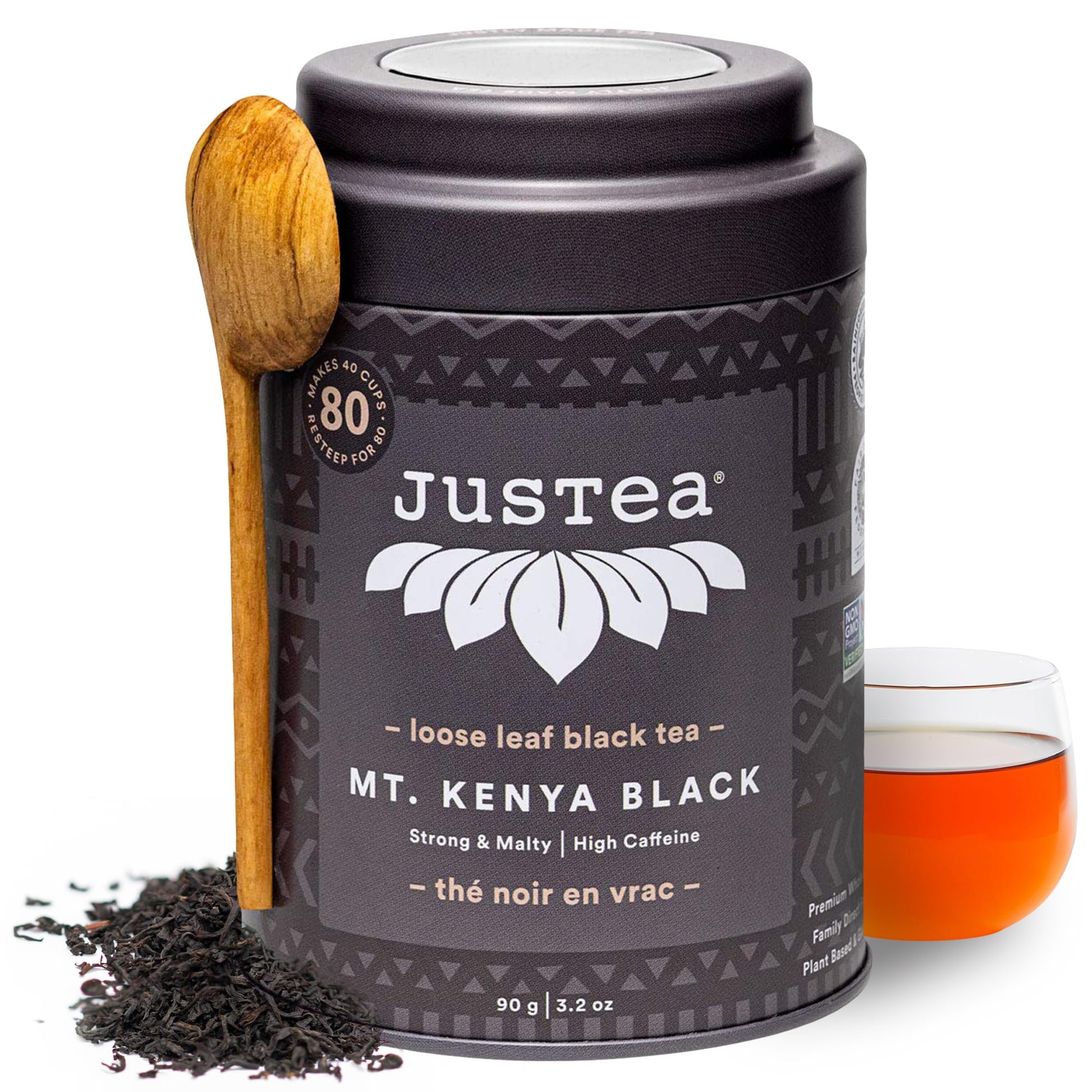 JusTea MT. KENYA BLACK Loose Leaf Black Tea - 3.2oz Tin with Hand Carved Spoon - High Caffeine, Fair Trade, Non-GMO