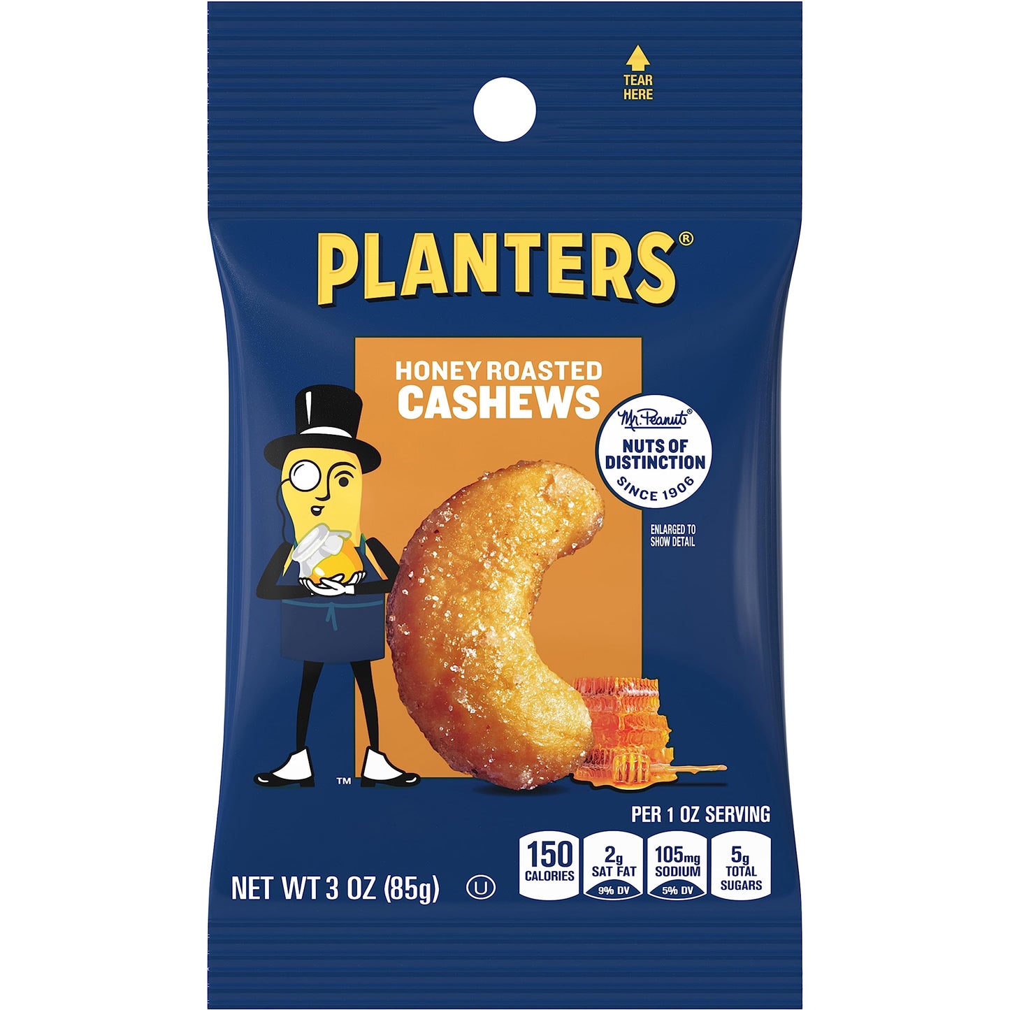 PLANTERS Deluxe Honey Roasted Whole Cashews, Plant-Based Protein, 3 Oz Bag, Pack of 12