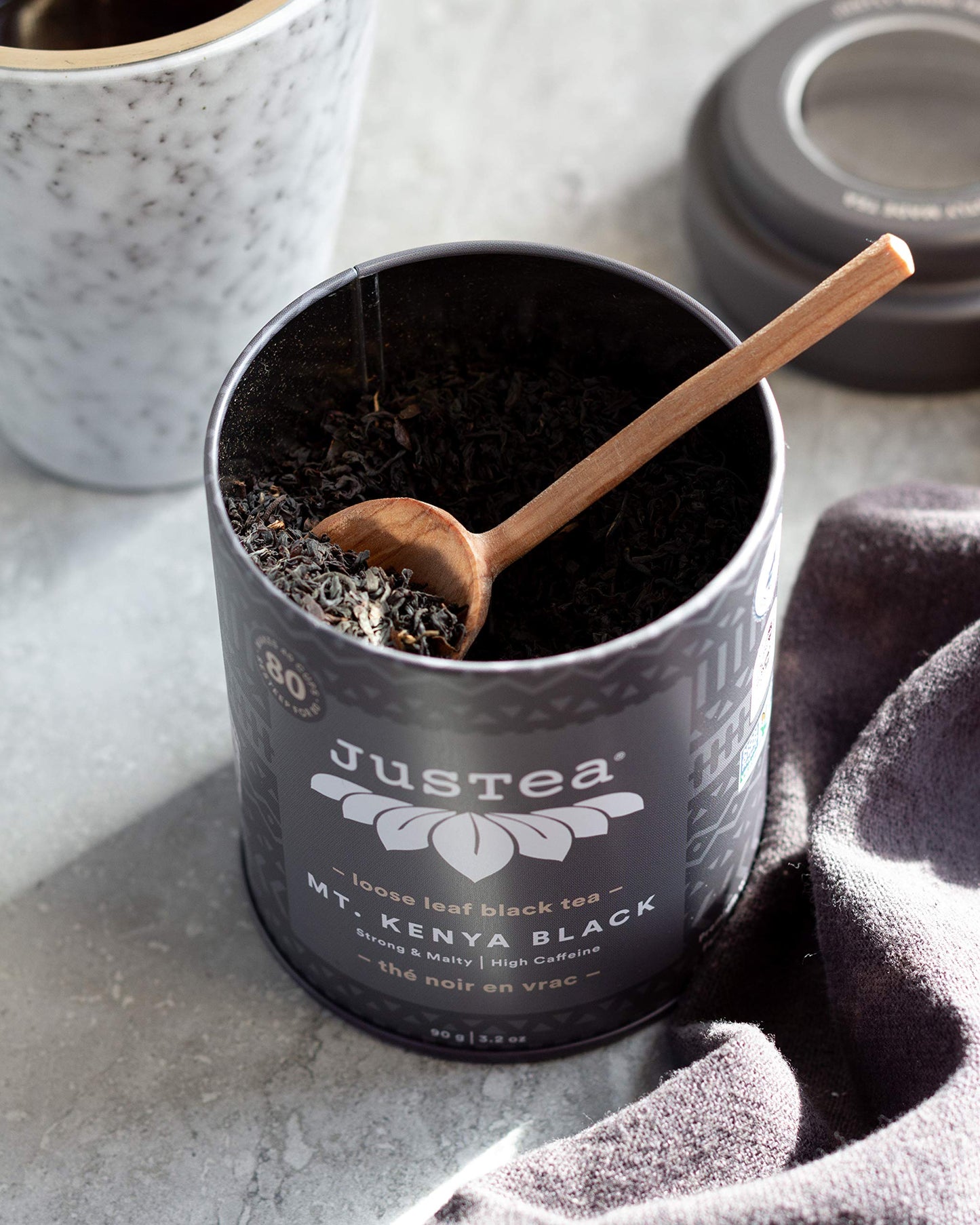JusTea MT. KENYA BLACK Loose Leaf Black Tea - 3.2oz Tin with Hand Carved Spoon - High Caffeine, Fair Trade, Non-GMO