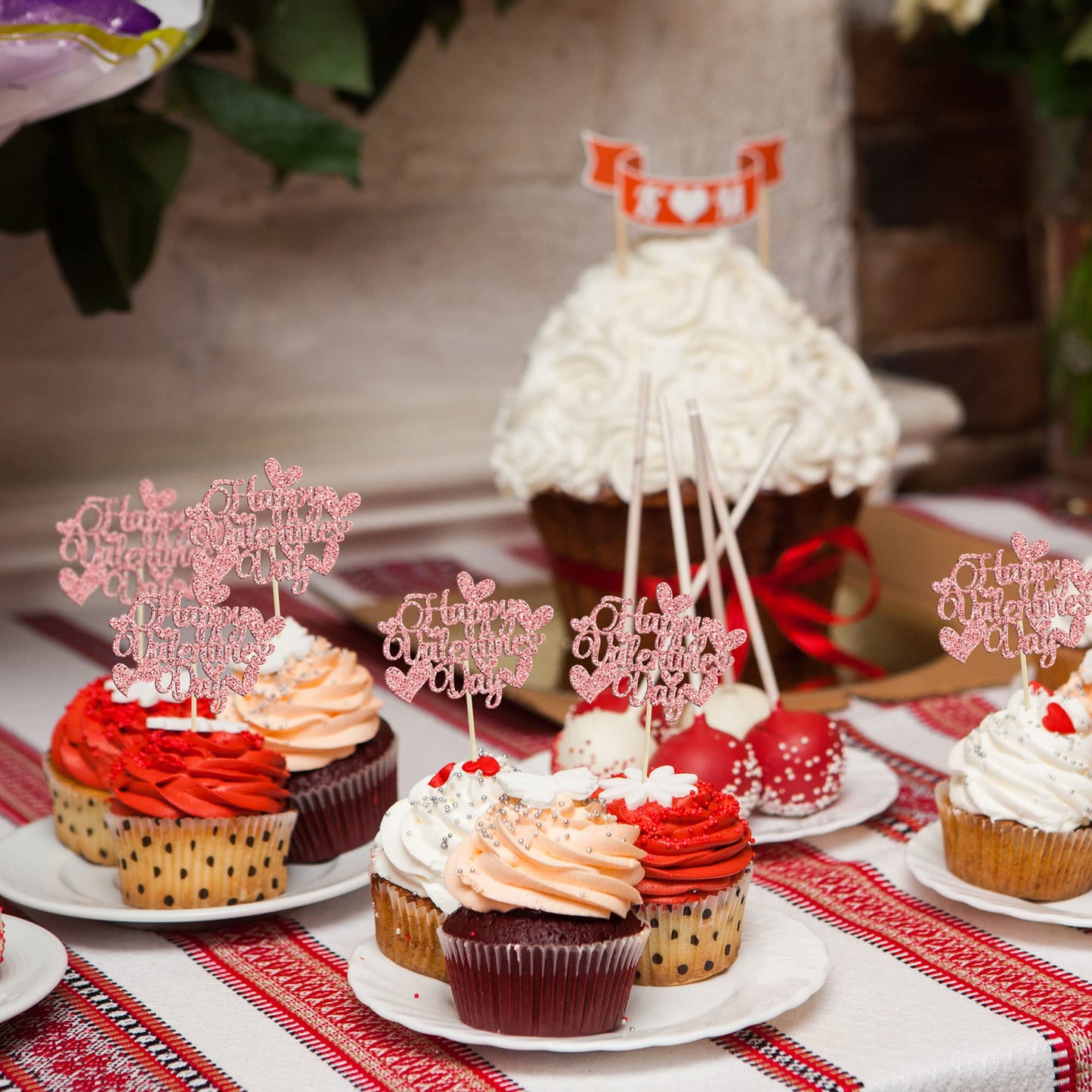 Gyufise 24Pcs Happy Valentines Day Cupcake Toppers Rose Gold Glitter Valentines Day Cupcake Food Decor For Wedding Anniversary V