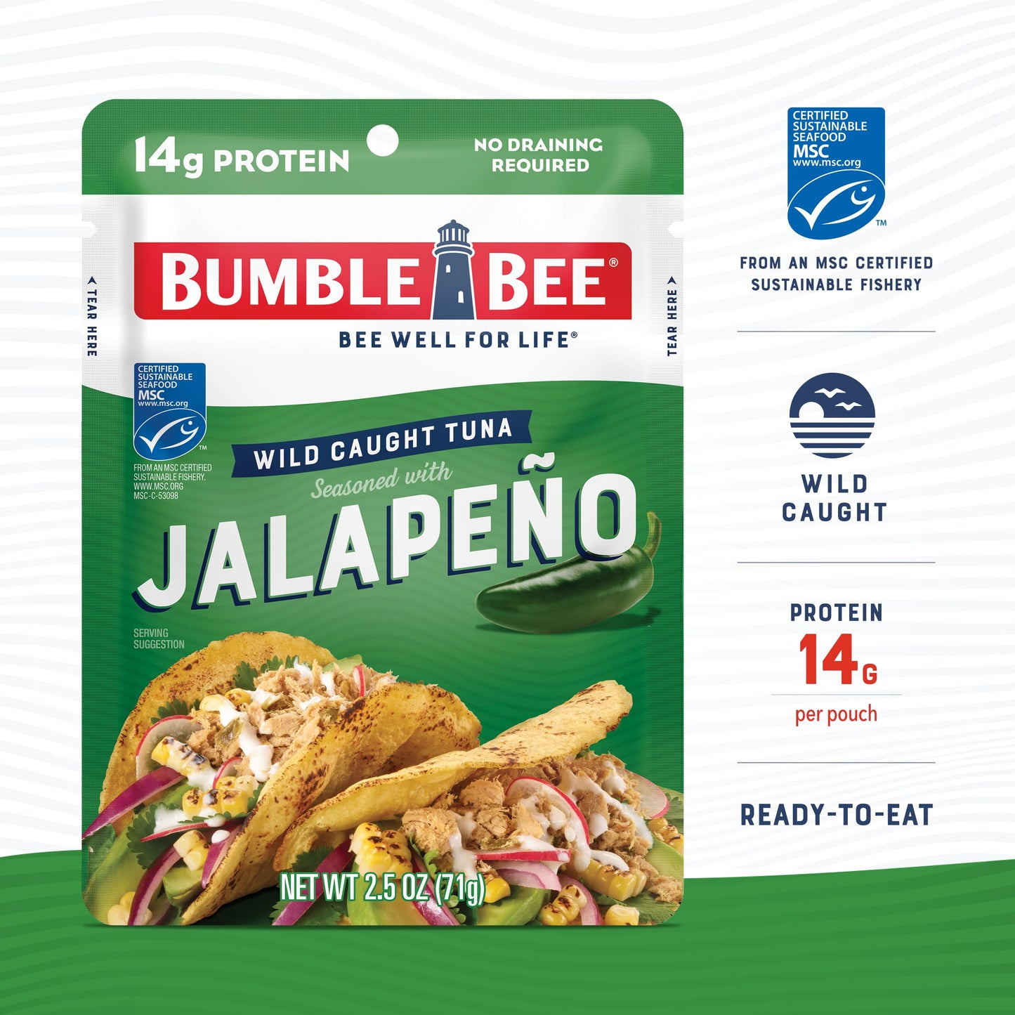 Bumble Bee Jalapeño Seasoned Tuna, 2.5 Oz Pouches (Pack Of 12) - Ready To Eat - Wild Caught Tuna Pouch - 14G Protein Per Serving - Gluten Free