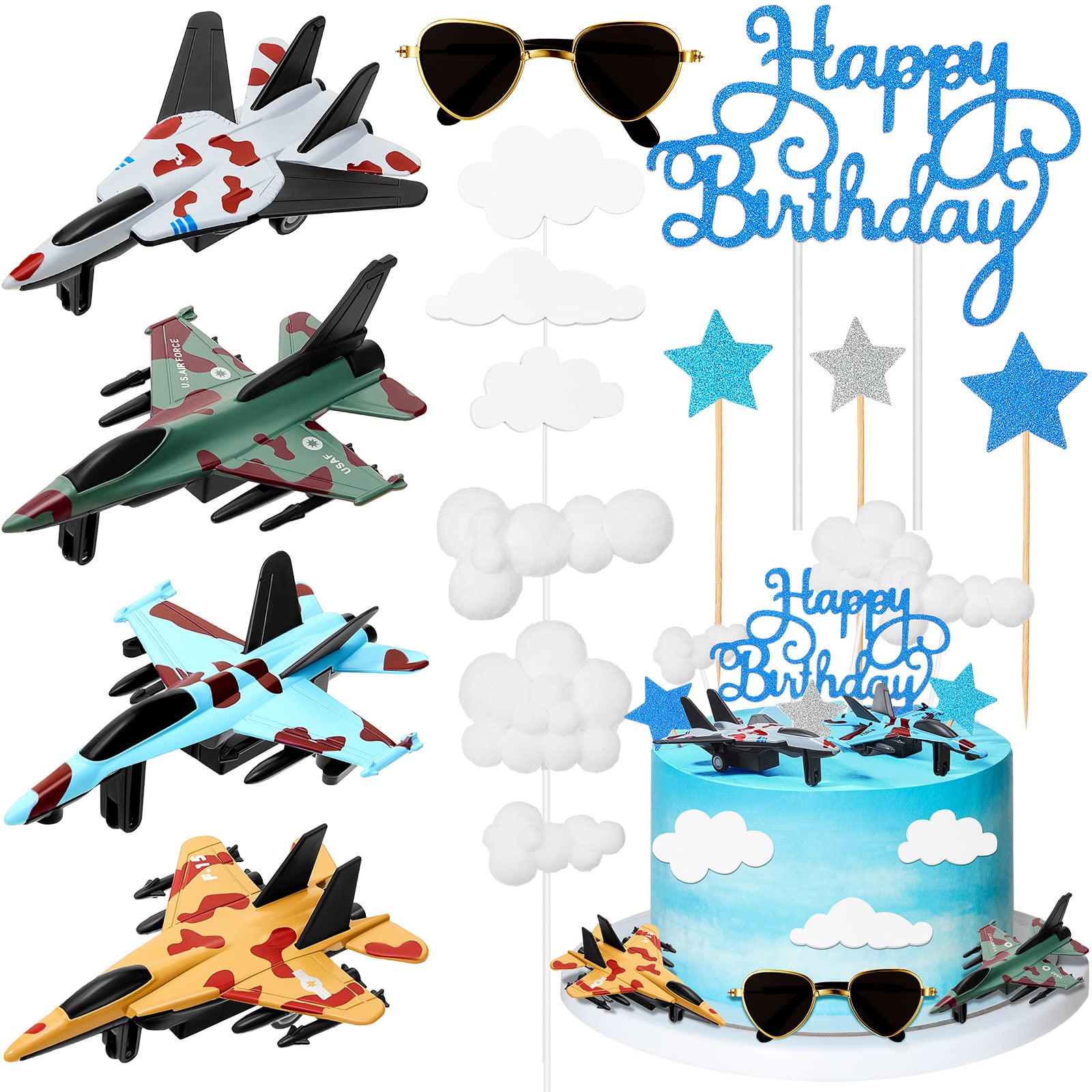 Aircraft Happy Birthday Cake Decoration Air Force Cake Topper Airplane Figurine Happy Birthday Cake Topper Mini Sunglasses Cloud