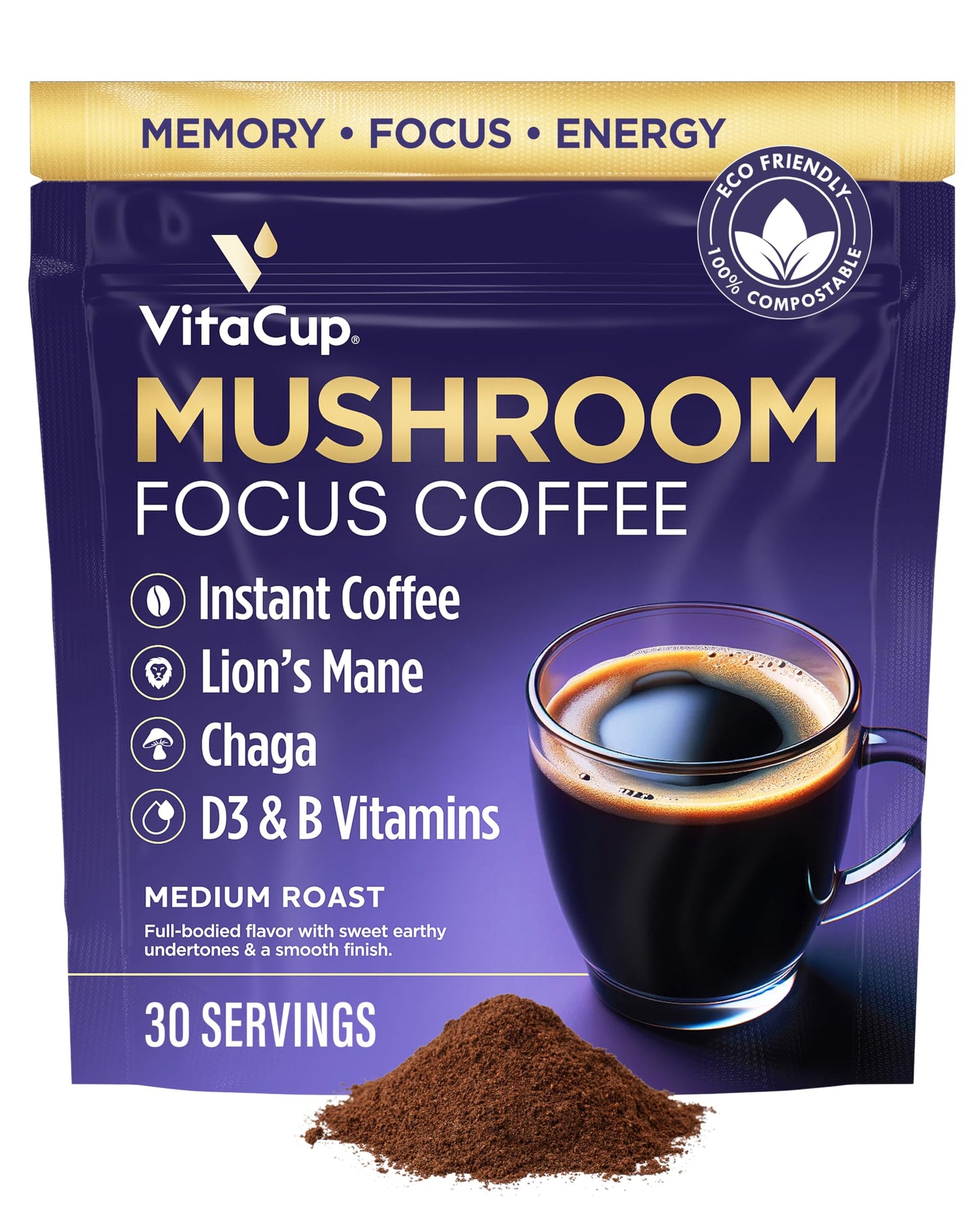 Vitacup Focus Mushroom Instant Coffee | For Memory & Clarity Support | With Fiber, Chaga, Lions Mane | D3 & B Vitamins | Medium 
