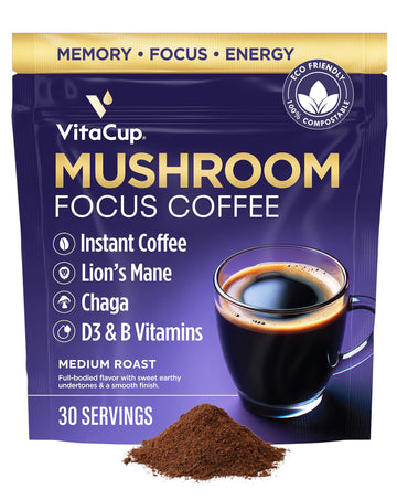 Vitacup Focus Mushroom Instant Coffee | For Memory & Clarity Support | With Fiber, Chaga, Lions Mane | D3 & B Vitamins | Medium 
