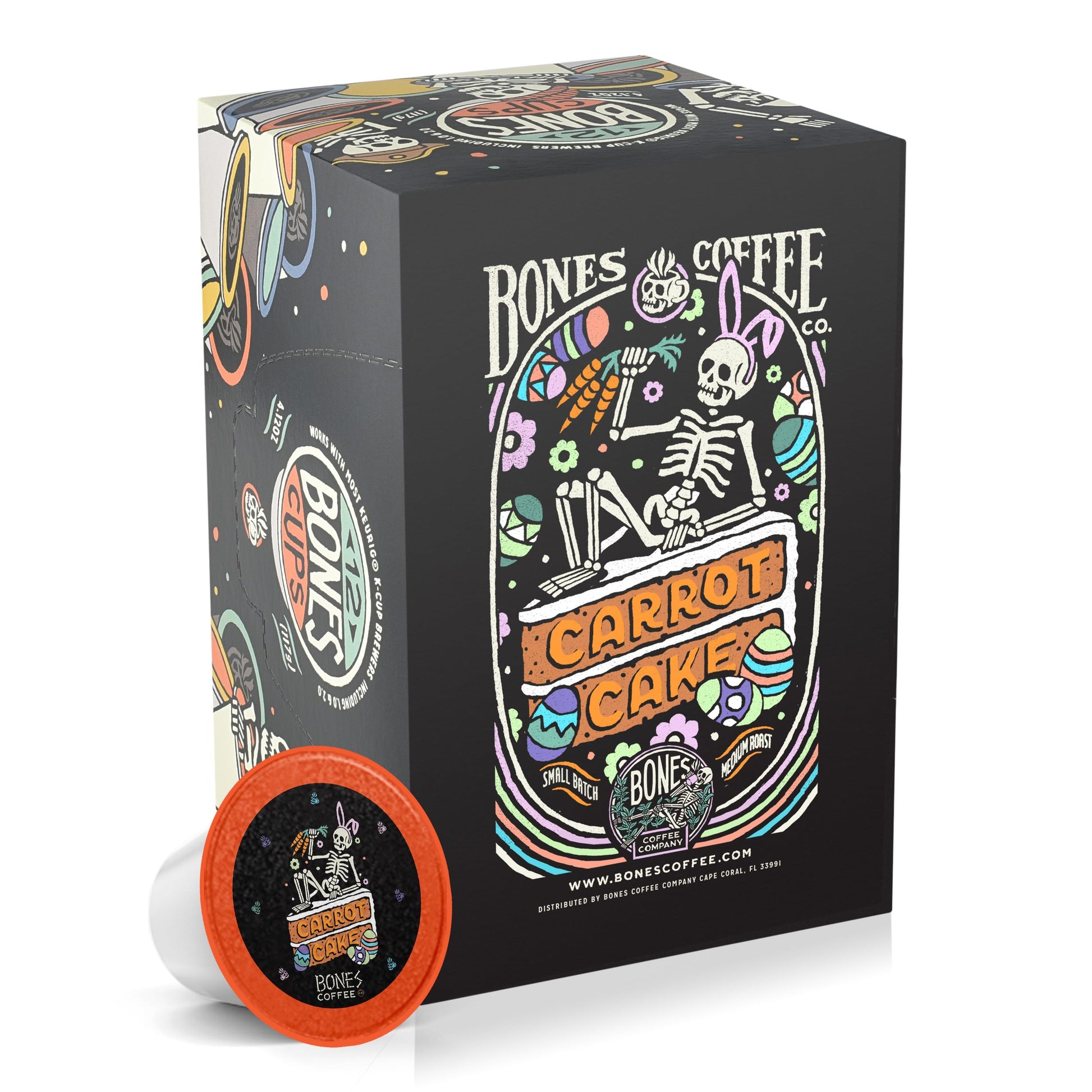 Bones Coffee Company Carrot Cake Flavored Coffee Bones Cups Single-Serve Pods for Coffee Maker 1.0 & 2.0, Carrot Cake Flavor (12