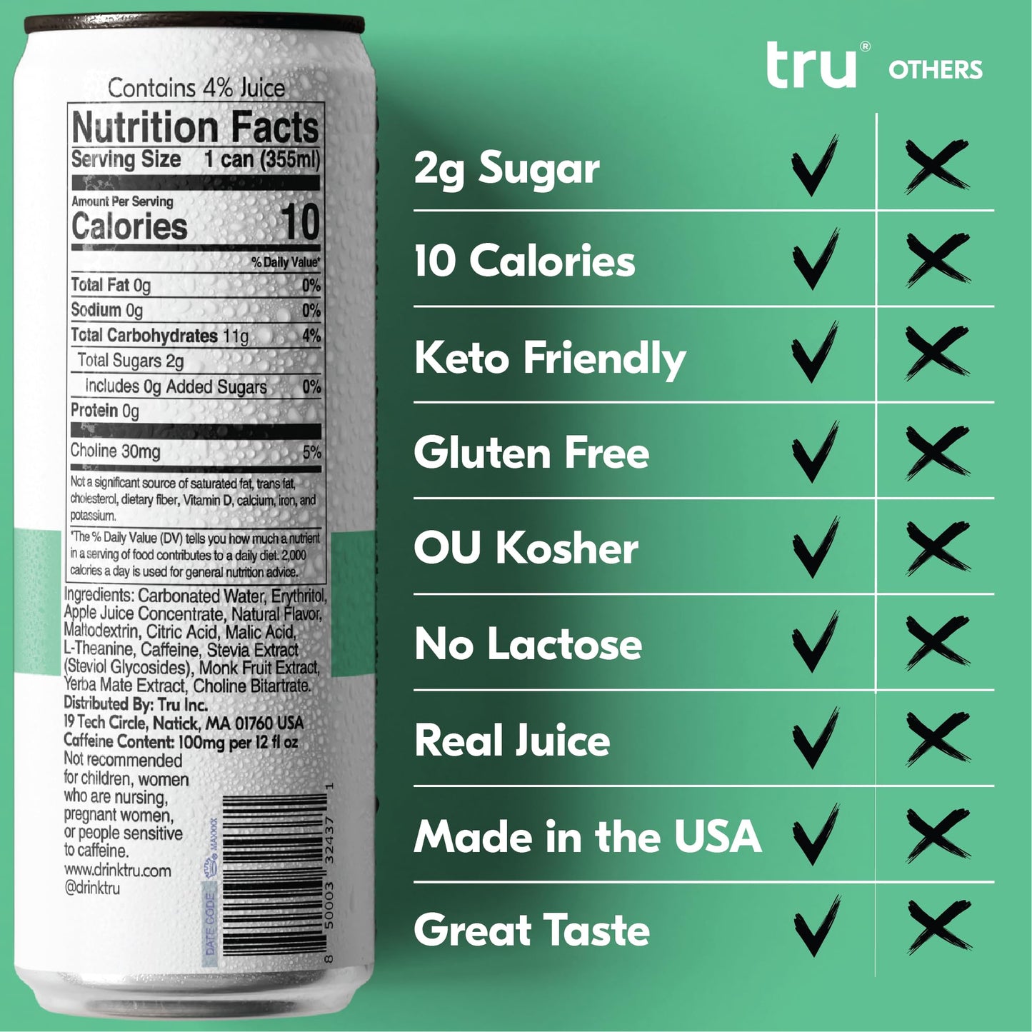 Tru Focus Seltzer, Sparkling Water with Green Tea & Apple Kiwi Juice, 12 FL OZ Cans, 12 Pack, Gluten Free, Vegan, Sugar Free