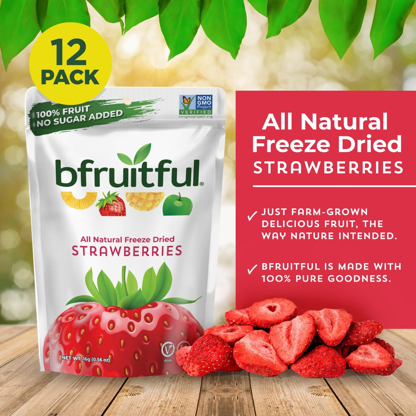 bfruitful Freeze-Dried Strawberries, Gluten Free, Dairy Free, No Sugar Added, 12-Pack