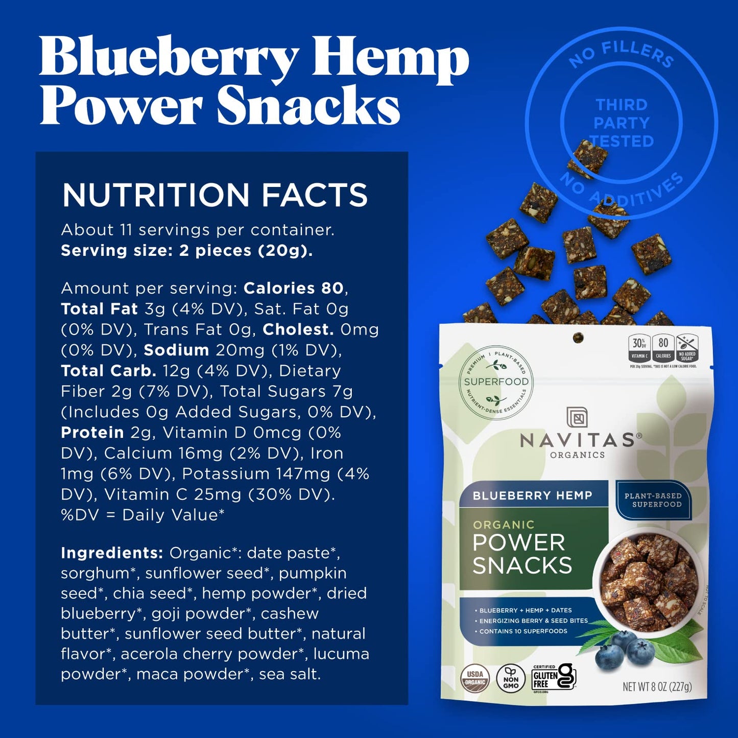 Navitas Organics Superfood Power Snacks, Blueberry Hemp, 8oz Bag, Organic, Non-GMO, Gluten-Free, Model 82077