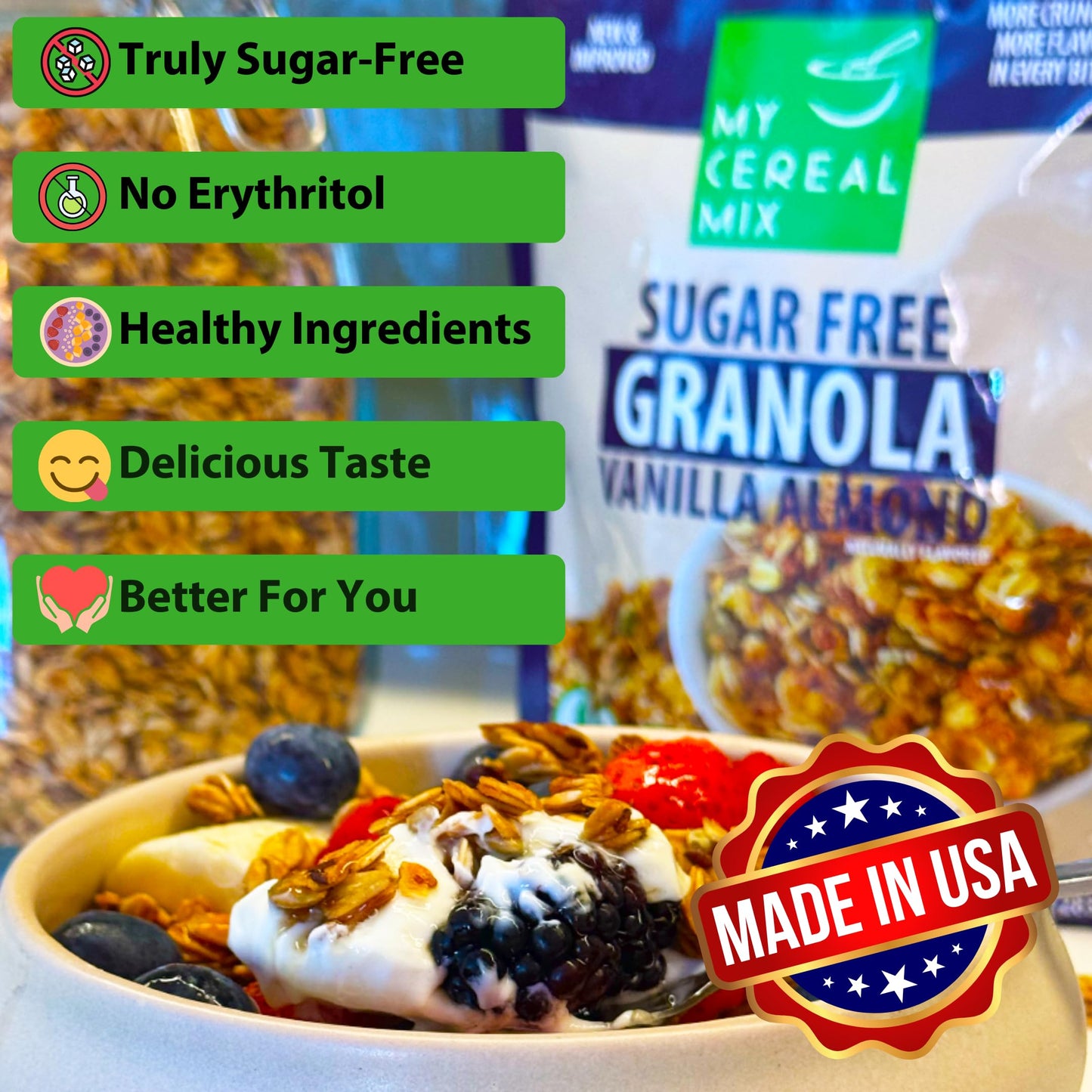 Mycerealmix Sugar Free Vanilla Almond Granola - 4 Pack (96Oz Total) - Vegan, Gluten Free - Blood Sugar Friendly Breakfast - Natu