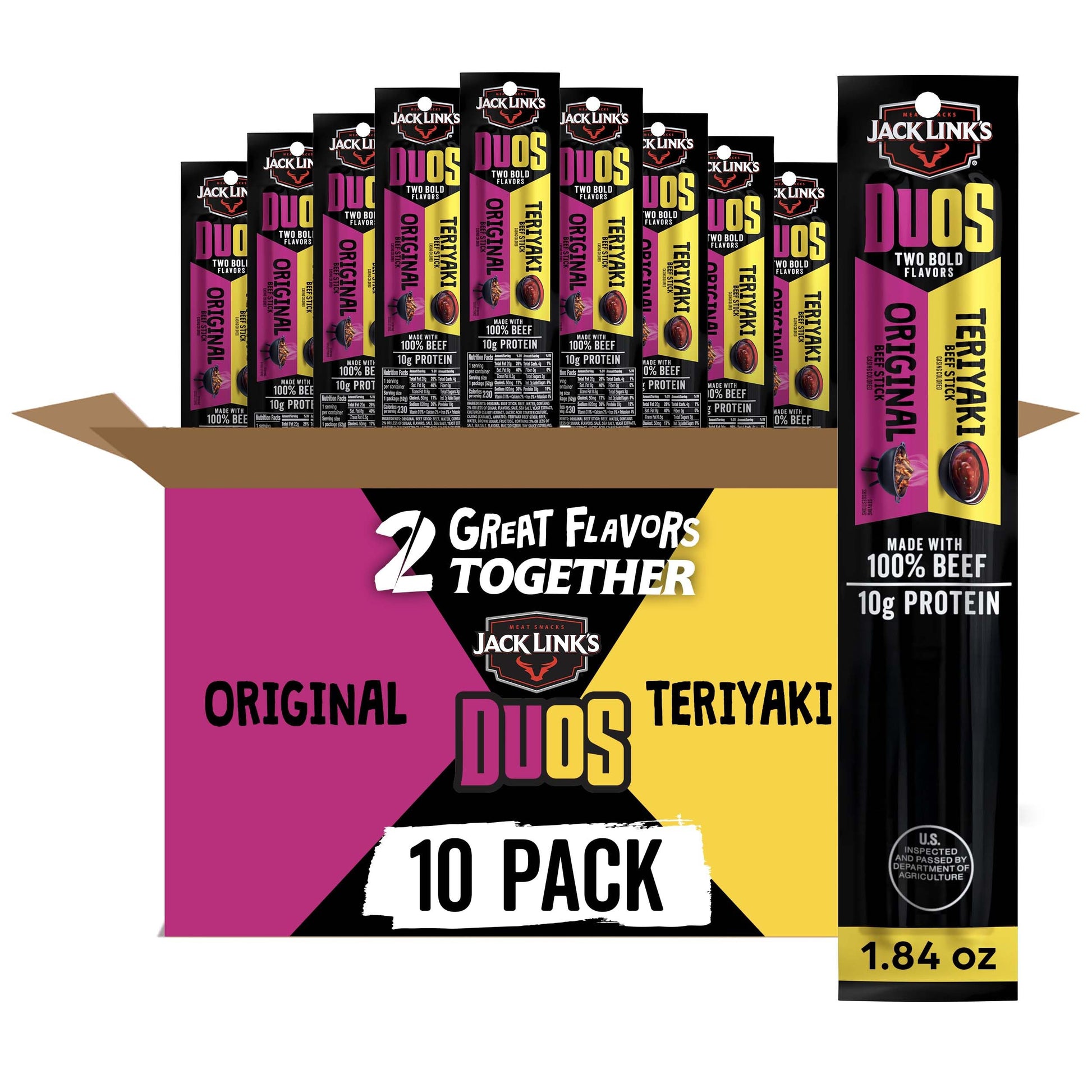 Jack Links Beef Jerky Snack Sticks, Original & Teriyaki, 10g Protein, 1.84oz (Pack of 10)