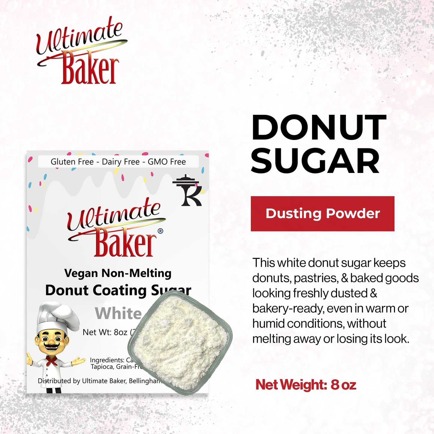 Ultimate Baker Vegan Non-Melting White Donut Sugar - 8oz All Natural Dusting Sugar for Icing & Baking