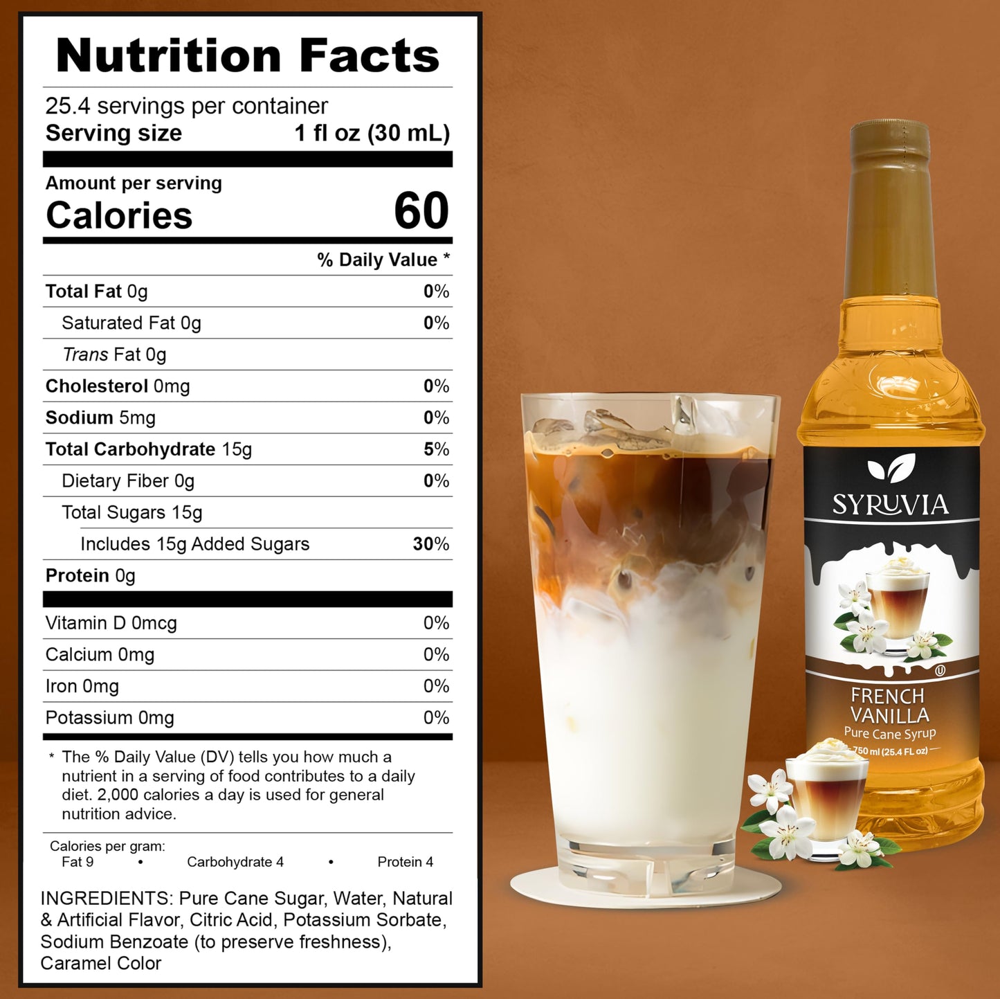 Syruvia French Vanilla Syrup - French Vanilla Coffee Syrup Flavor, 25.4 Fl Oz, Kosher, Gluten Free, Perfect For Coffee, Drinks,