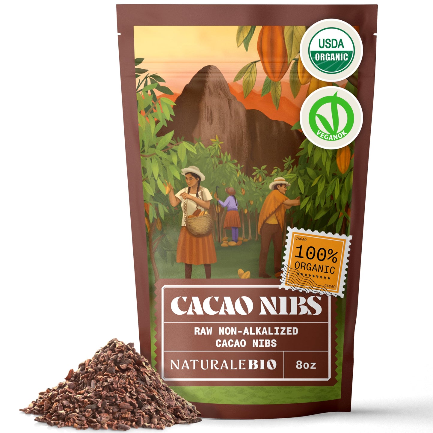 NaturaleBio Cacao Nibs Organic 8 oz. Unsweetened, Non-Alkalized and Pure. Sugar-Free Dark Chocolate Chips Substitute. Non-GMO, G