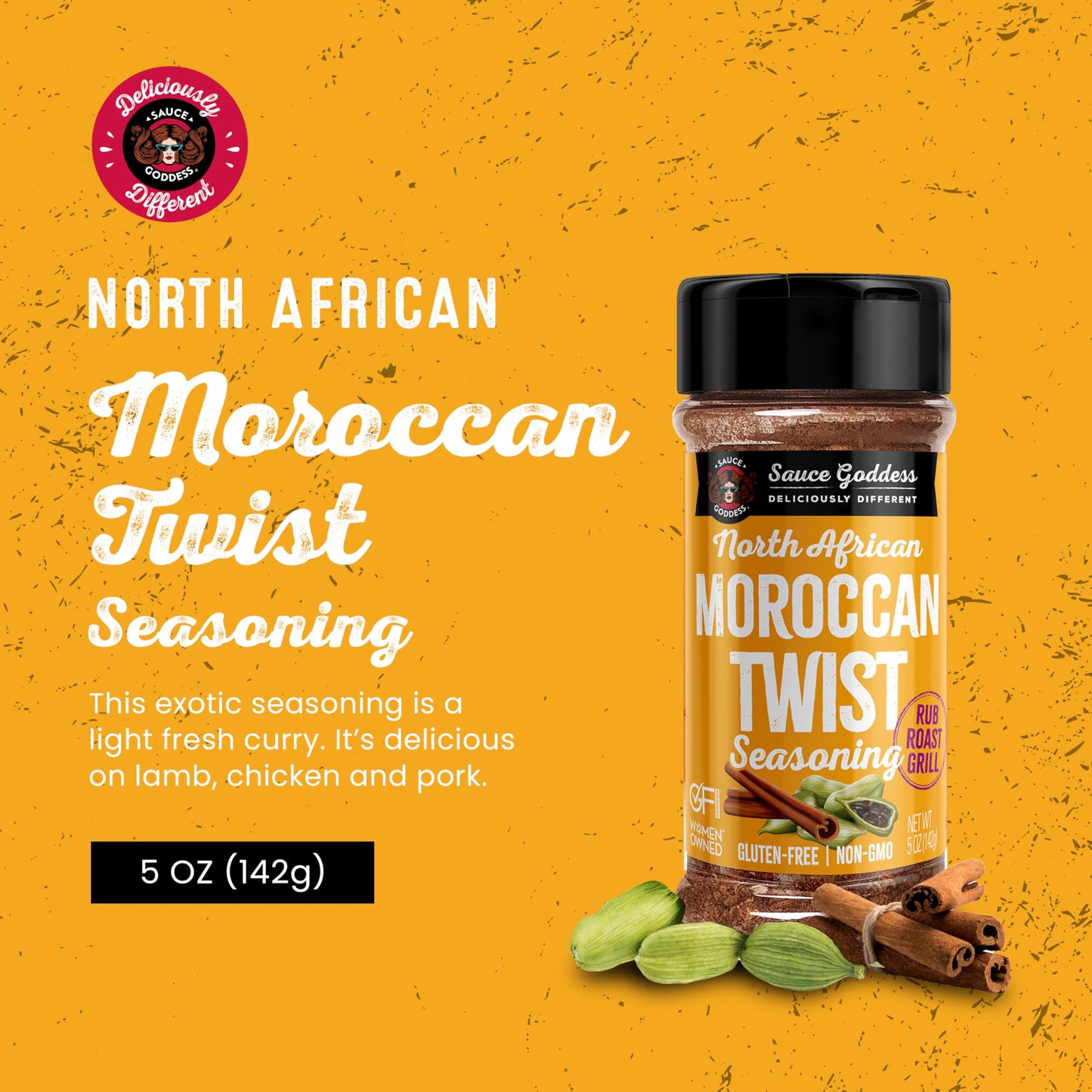 Sauce Goddess Moroccan Twist Spice Shaker, Exotic Blend with Cardamom & Cinnamon, Gluten-Free, Low Sodium, 5oz