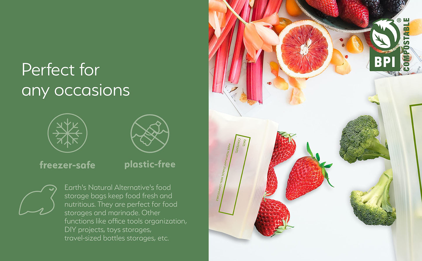 100% Compostable Food Storage Bags [Quart 100 Pack] Eco-Friendly Freezer Bags, Resealable Bags, Heavy-Duty, Biodegradable, Reusa