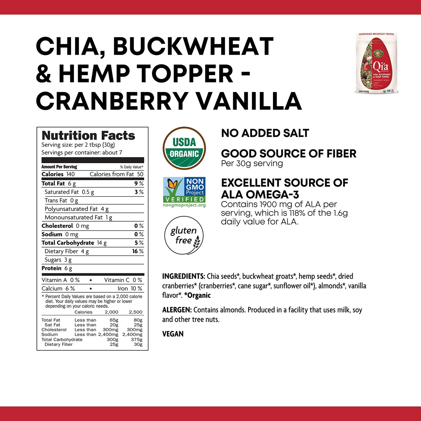 Nature'S Path Qi'A Superfood Organic Gluten Free Cranberry Vanilla Chia,Buckwheat And Hemp Cereal Topper,7.9 Ounce,Non-Gmo,6G Pl