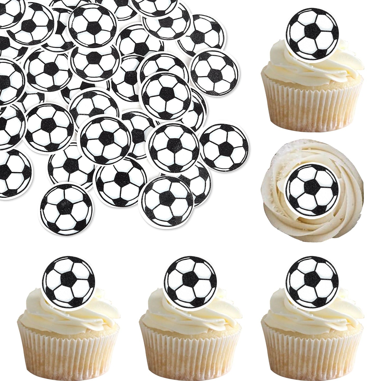 Rsstarxi 48 Pack Edible Football Cupcake Toppers, Soccer Theme, 1.3 inches, Paper