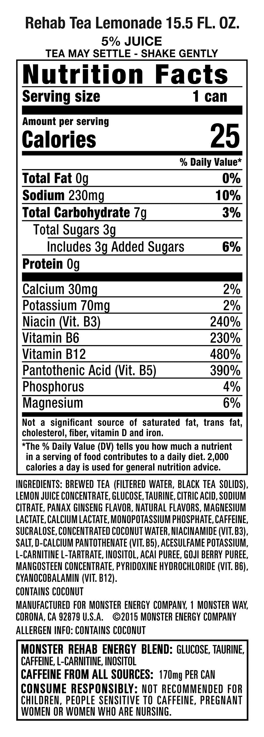 Monster Energy Iced Tea + Lemonade Energy Drink, 15.5 Ounce, Pack of 15