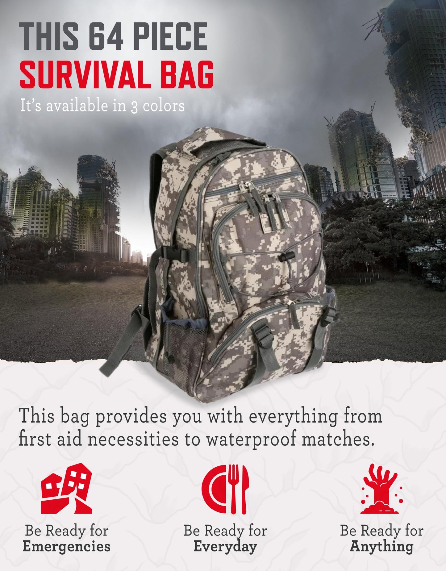 Readywise Emergency Survival Gear – Tactical Military Backpack, Camping Essentials Bug Out Bag & Survival Kit, Prepper & Hurricane Supplies, Meal Pouches With Up To 25 Year Shelf Life, 64 Piece, Camo