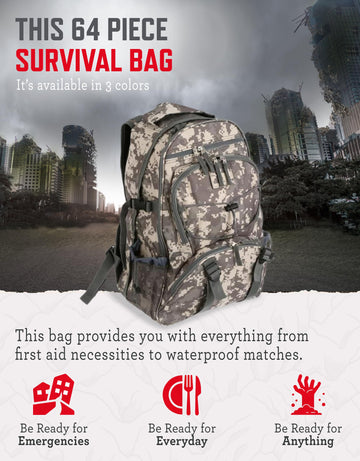 Readywise Emergency Survival Gear – Tactical Military Backpack, Camping Essentials Bug Out Bag & Survival Kit, Prepper & Hurricane Supplies, Meal Pouches With Up To 25 Year Shelf Life, 64 Piece, Camo
