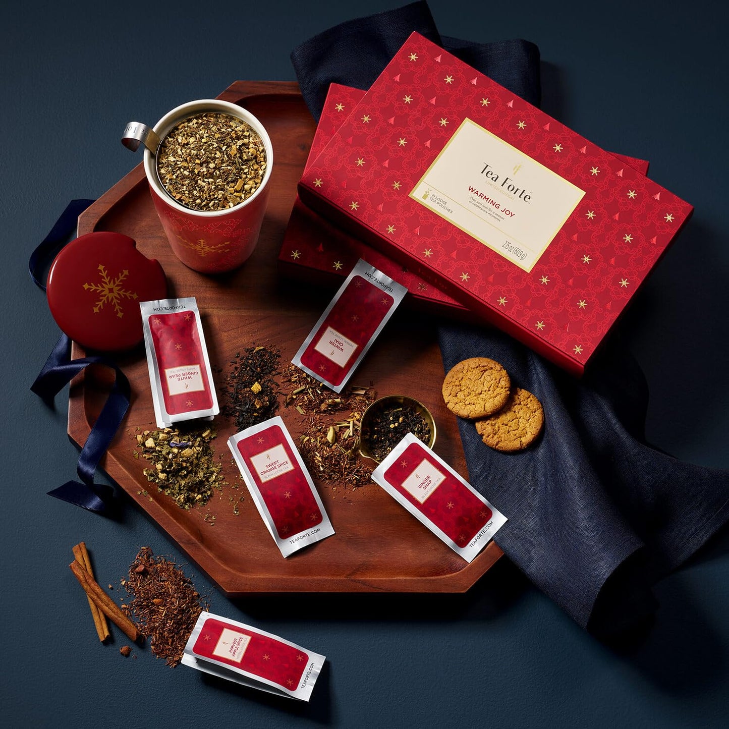 Tea Forte Warming Joy Hoilday enhanced Single Steeps Loose Leaf Tea Gift Set Sampler  15 Count 3 of Each Assorted Blends  Pre-Portioned Single Serve Pouches  Steeps 12 oz
