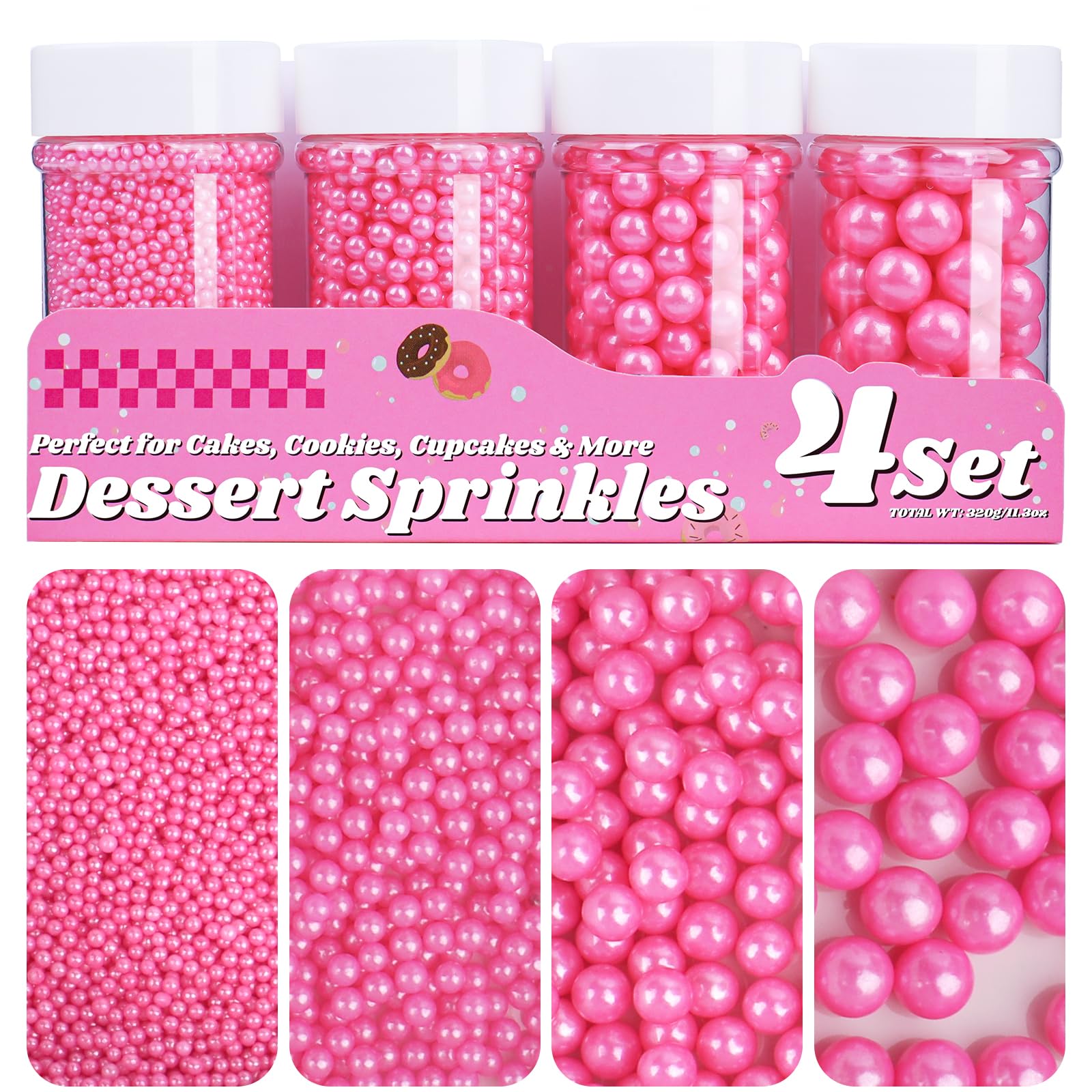 Pink Pearl Sprinkles for Cake Decorating, 11.3 Oz Edible Pearls Sugar Large Capacity 4 Jars Set for Baking Cookie Ice Cream Cupc
