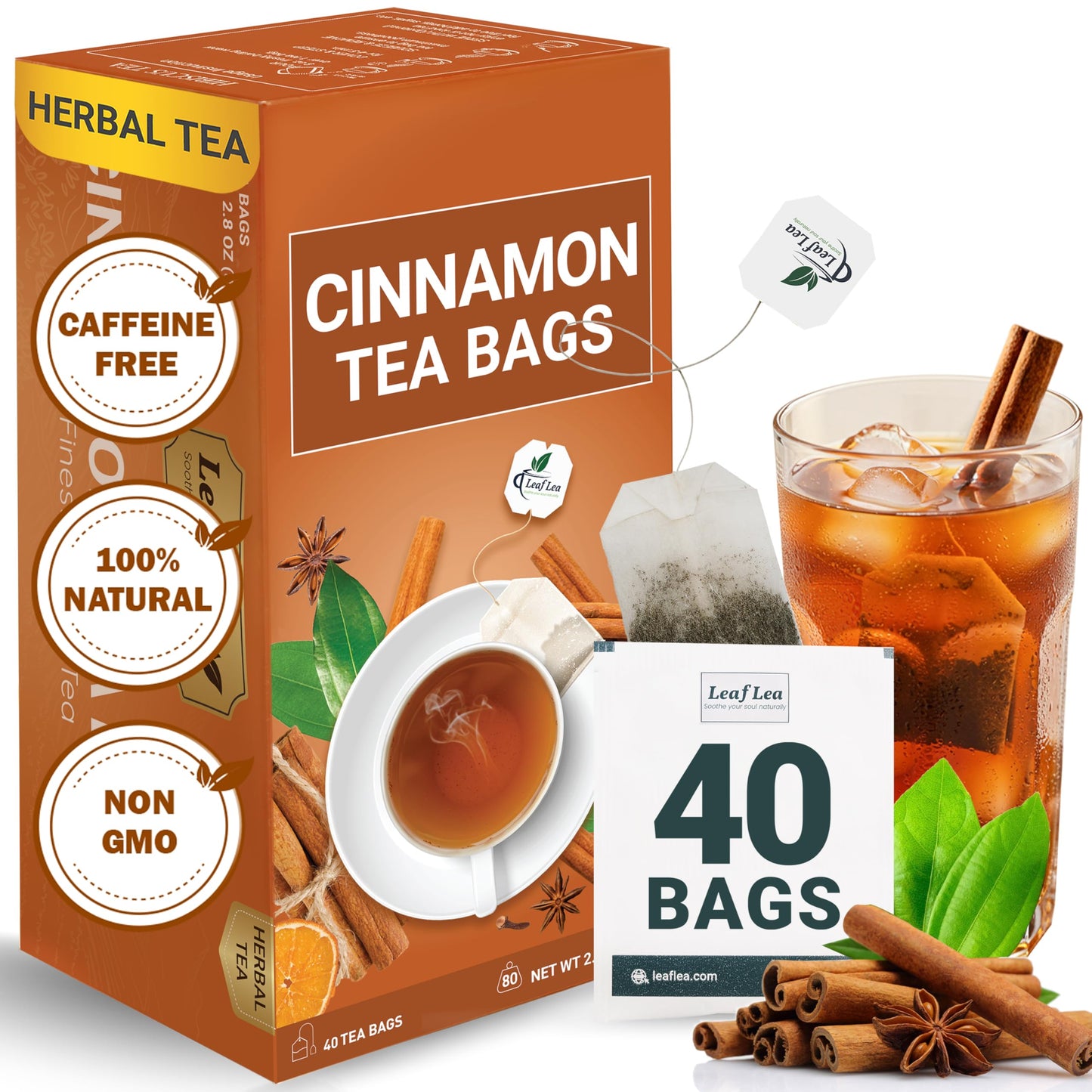 LeafLea Cinnamon Herbal Tea Bags, Caffeine-Free, Sugar-Free, Non-GMO, Vegan, 40 Tea Bags