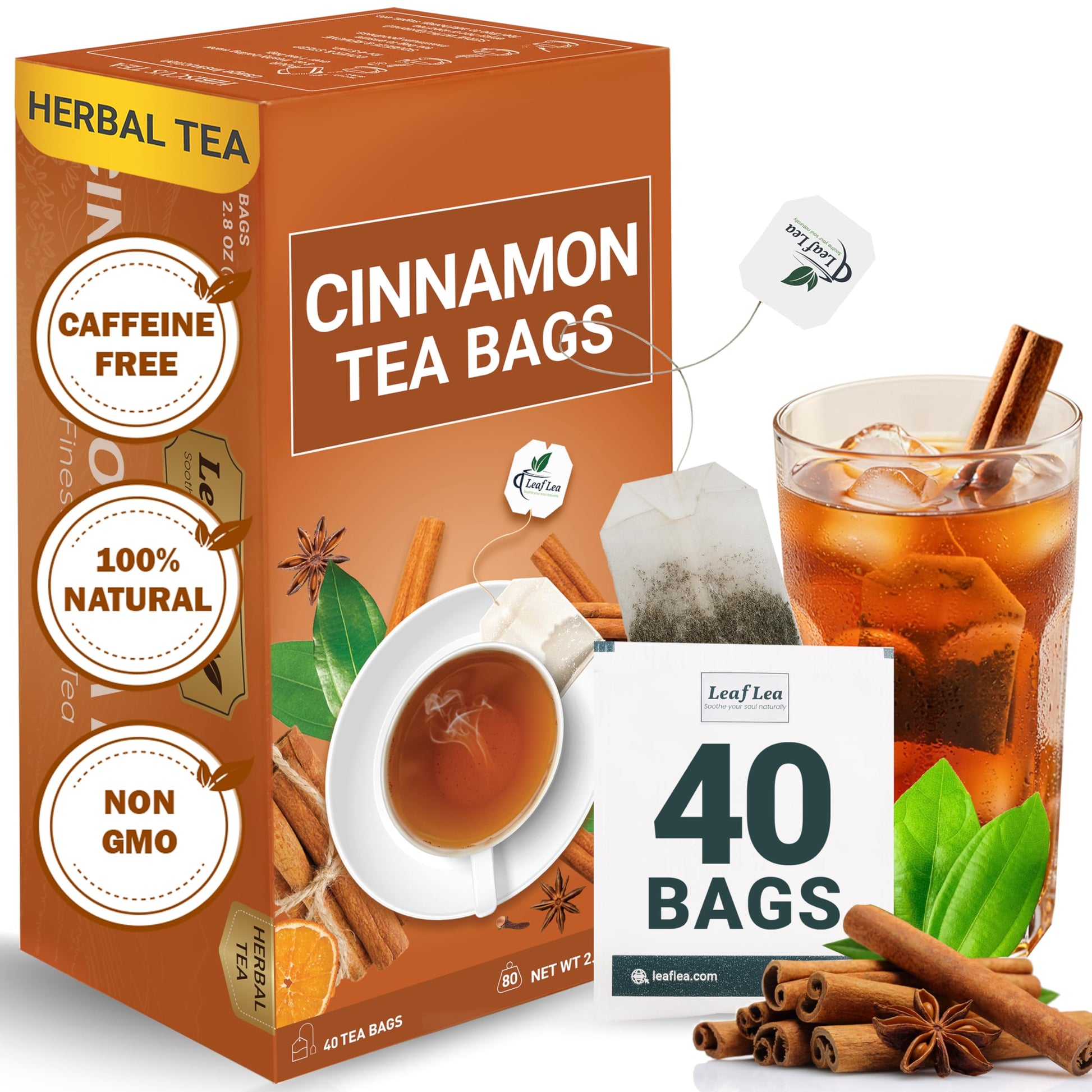 LeafLea Cinnamon Herbal Tea Bags, Caffeine-Free, Sugar-Free, Non-GMO, Vegan, 40 Tea Bags